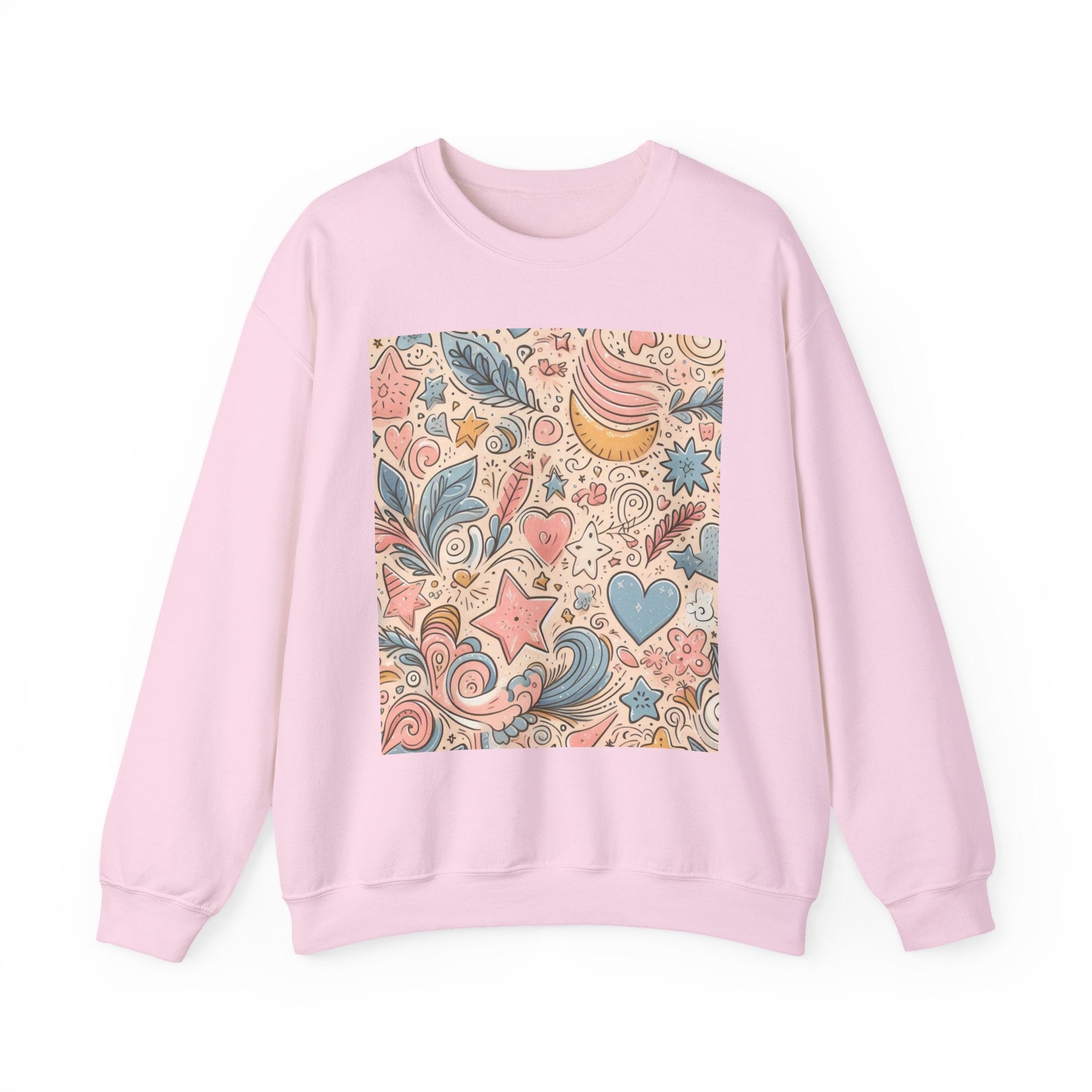 Boho Doodle Pattern Crewneck Sweatshirt | Floral Moon Hearts