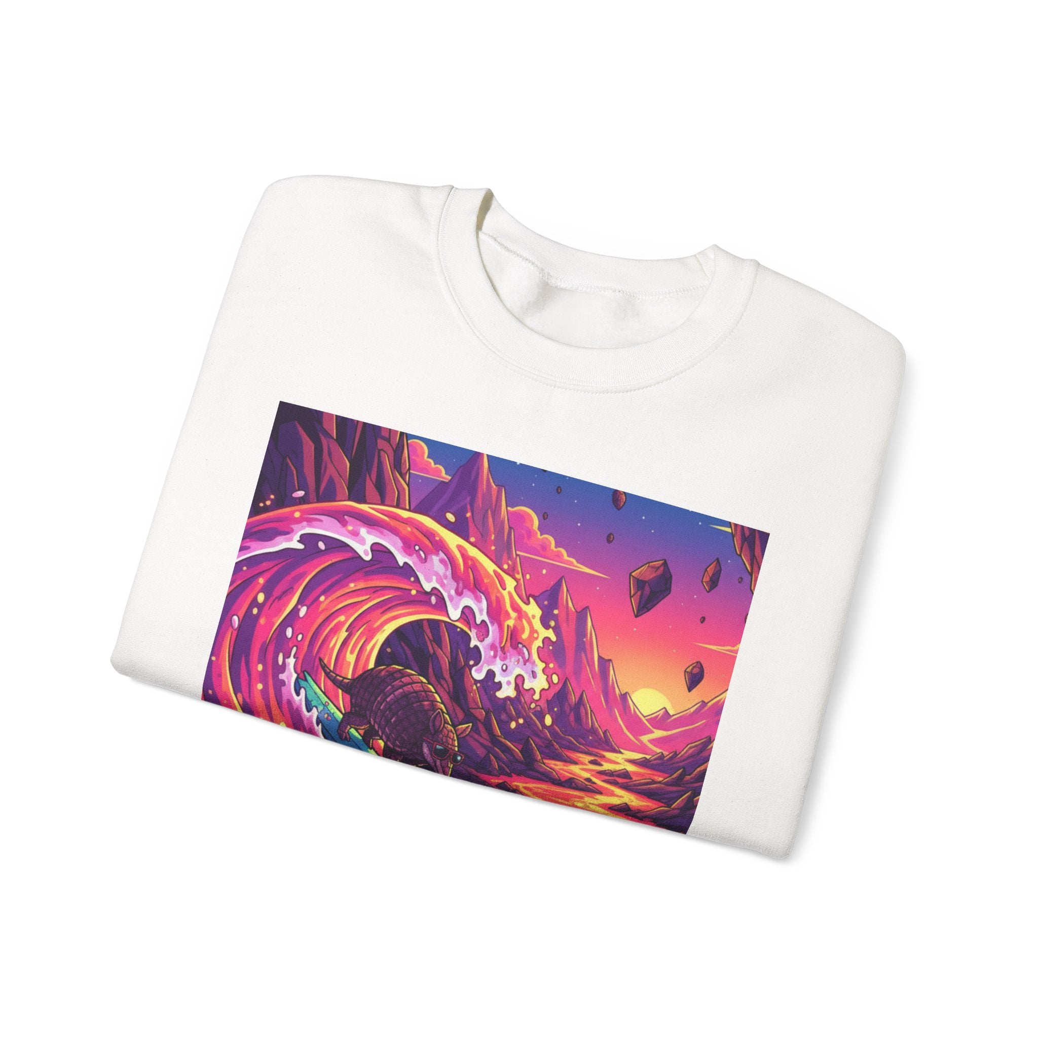 Armadillo Family Surfing Neon Lava Crewneck Sweatshirt – 80s Low-Poly Sci-Fi Illustration