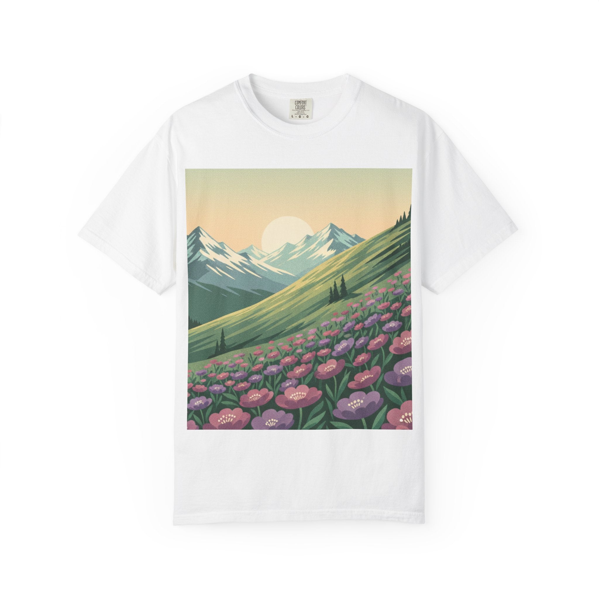 Alpine Wildflower Slope T-Shirt — Cascading Blooms & Snow-Capped Peaks