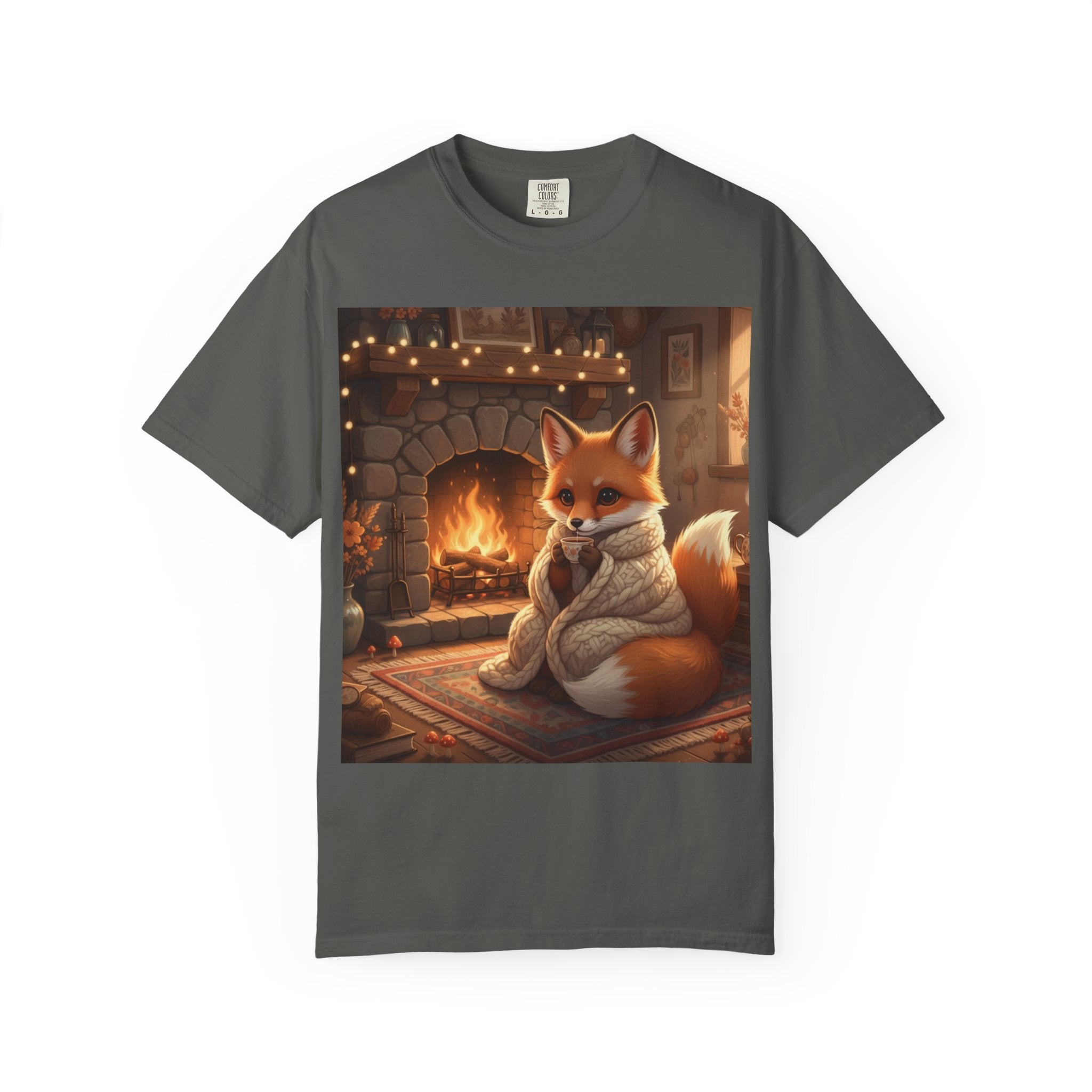 Cozy Fox by Fireplace T-Shirt | Winter Cabin Woodland Art