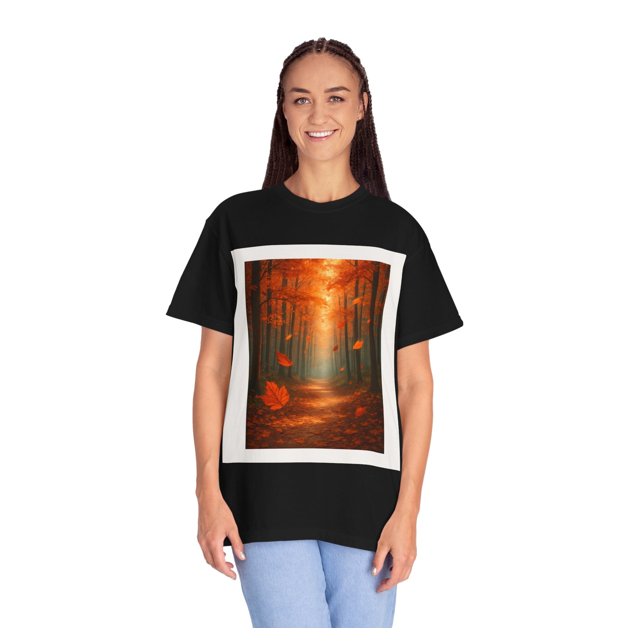 Autumn Forest Path T-shirt | Falling Leaves Woodland Scene