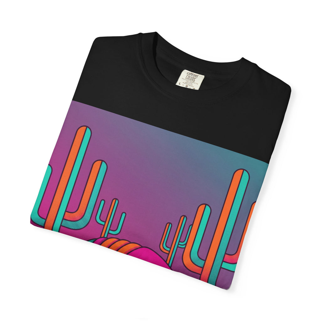 Armadillo Desert Sunset T-Shirt — Vibrant Neon Cactus Graphic Tee