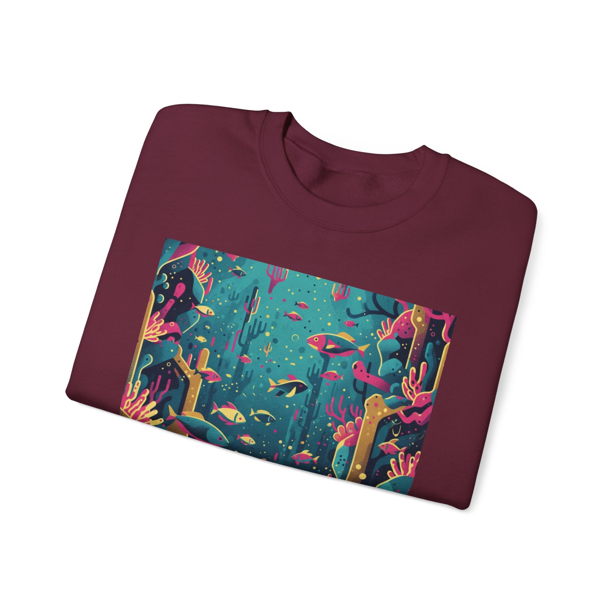 Alien Coral Reef Crewneck — Surreal Glowing Corals and Neon Fish Design