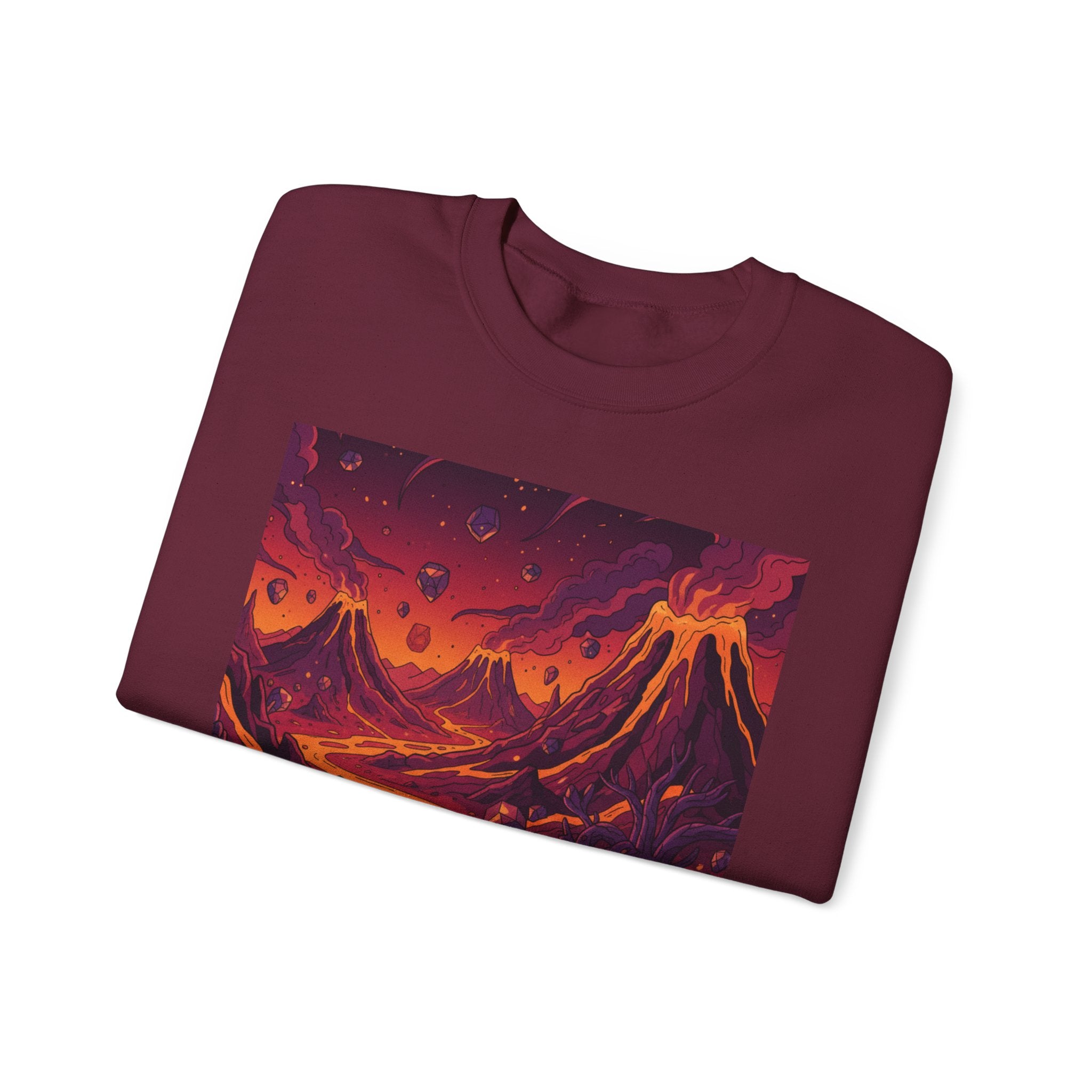 Alien Volcano Landscape Crewneck — Surreal Glowing Lava and Crystalline Plants Design