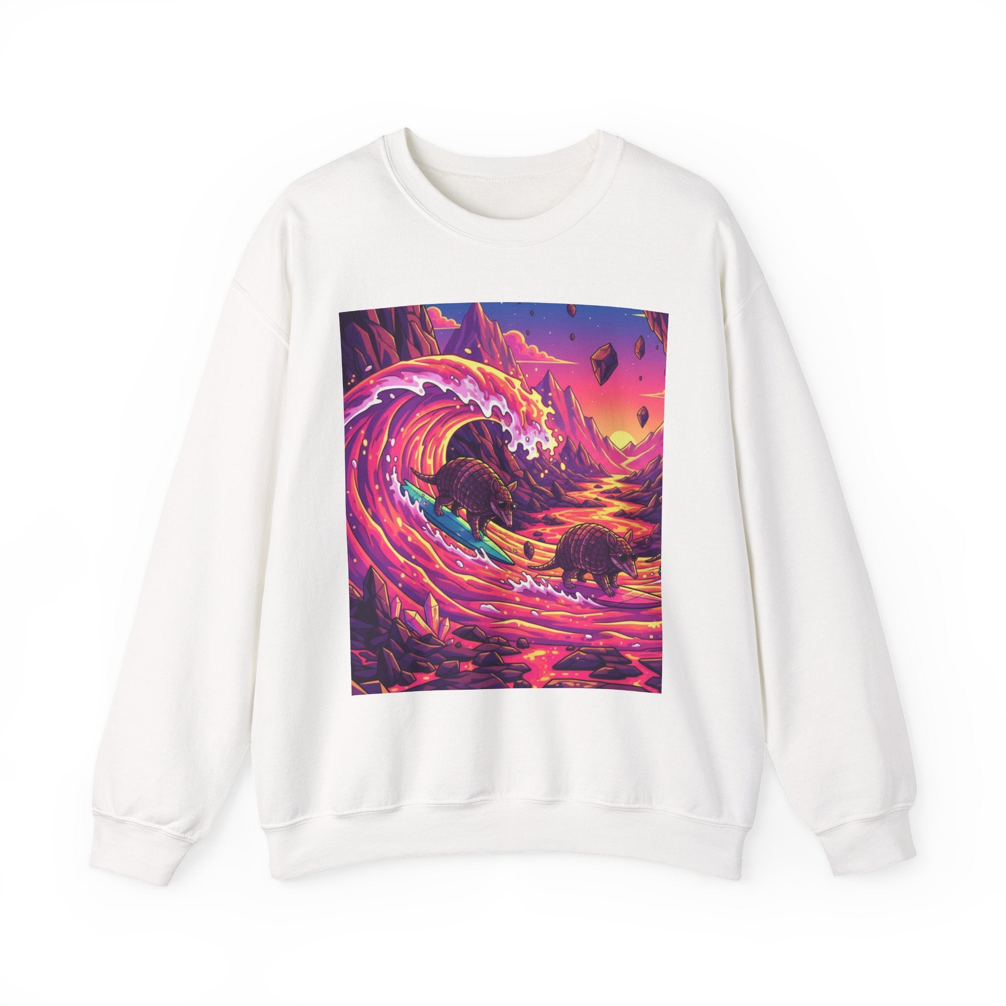 Armadillo Family Surfing Neon Lava Crewneck Sweatshirt – 80s Low-Poly Sci-Fi Illustration