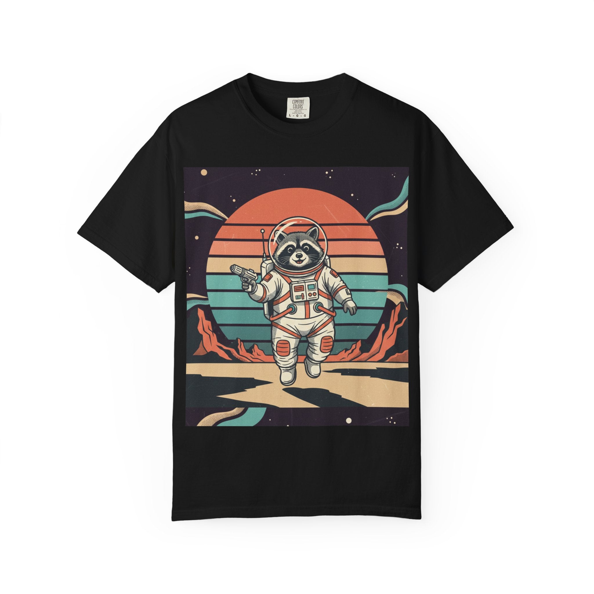 1970s Retro Raccoon Astronaut T-Shirt – Vintage Desert Canyon Sci-Fi Graphic Tee
