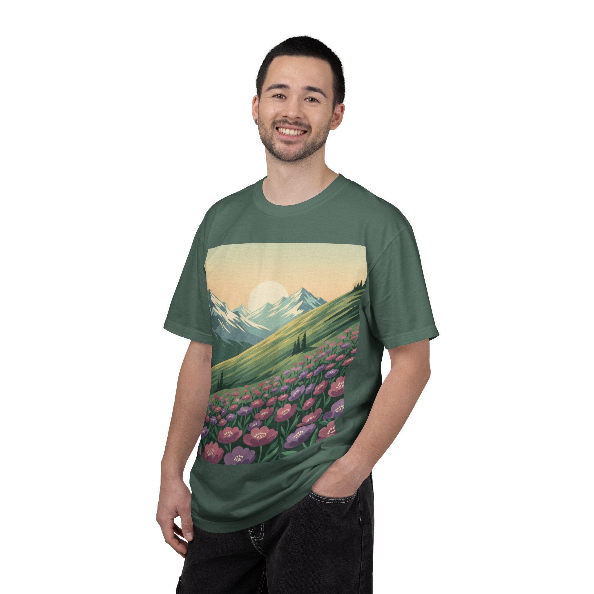 Alpine Wildflower Slope T-Shirt — Cascading Blooms & Snow-Capped Peaks