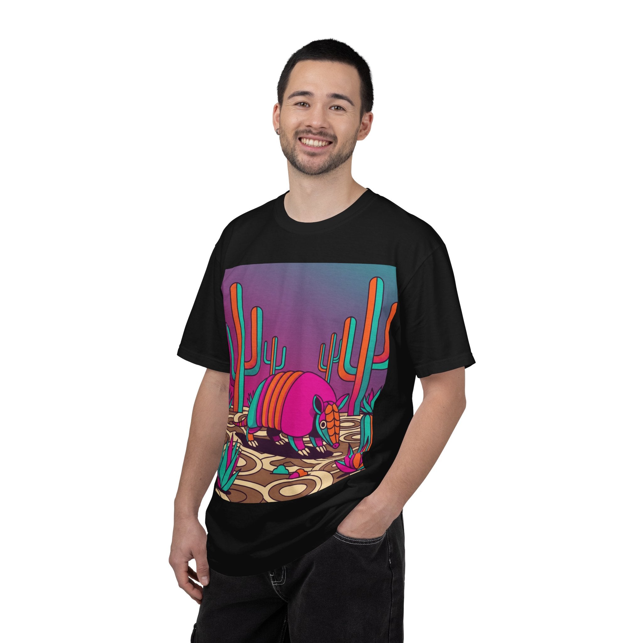 Armadillo Desert Sunset T-Shirt — Vibrant Neon Cactus Graphic Tee