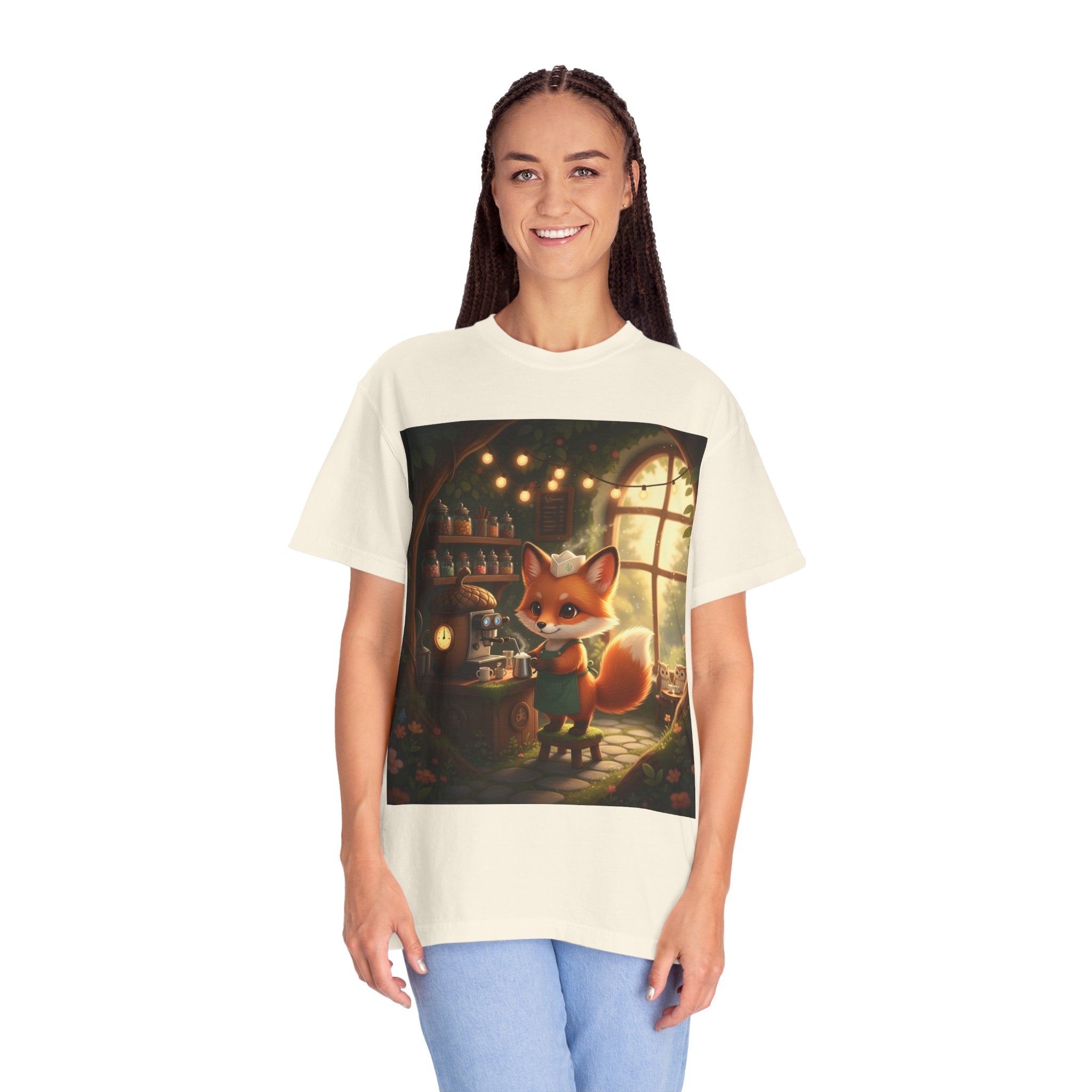 Cozy Fox Cafe Illustration T-Shirt | Cute Fox Graphic Tee