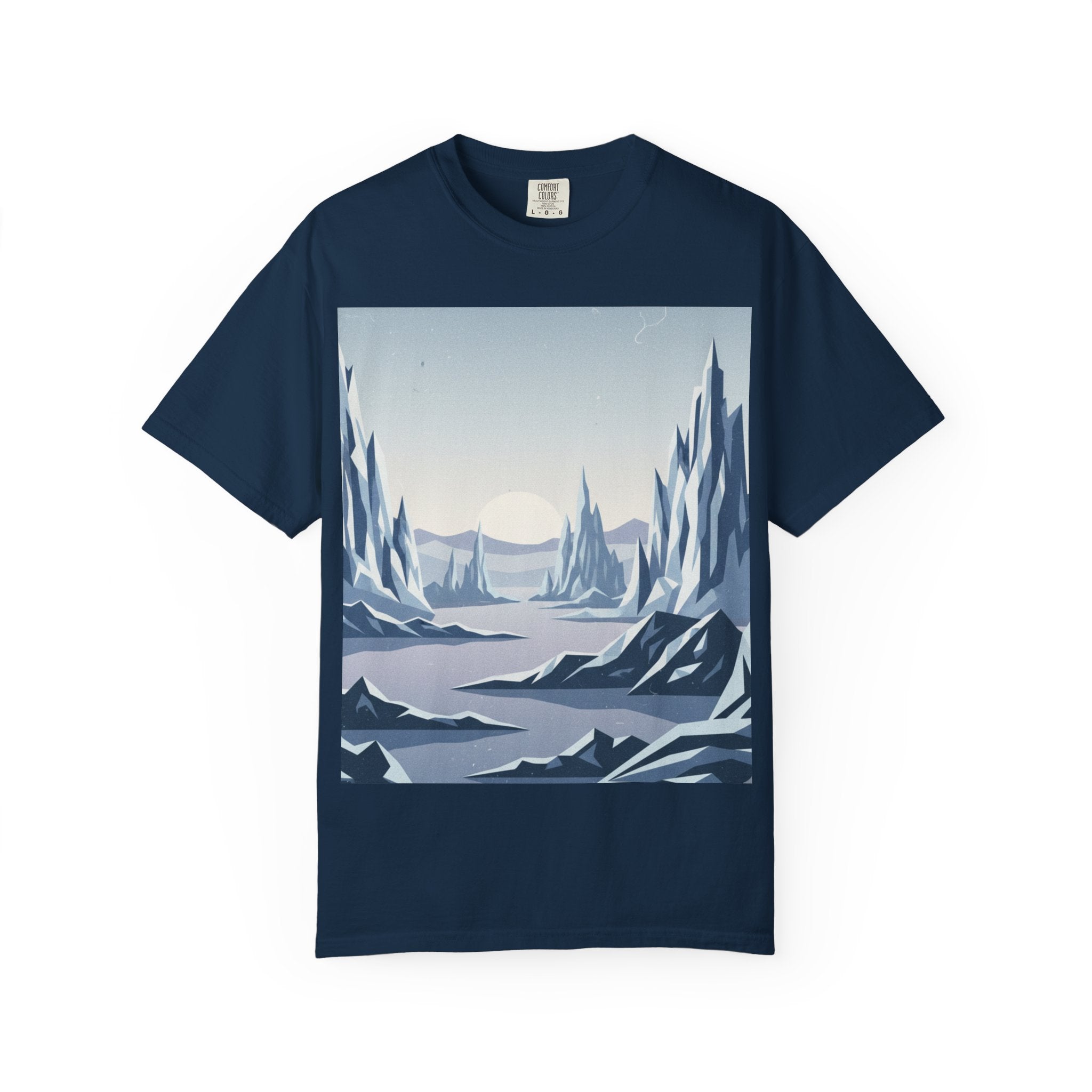 Arctic Sunrise Landscape T-Shirt — Minimal Mountain & Frozen Lake Graphic Tee