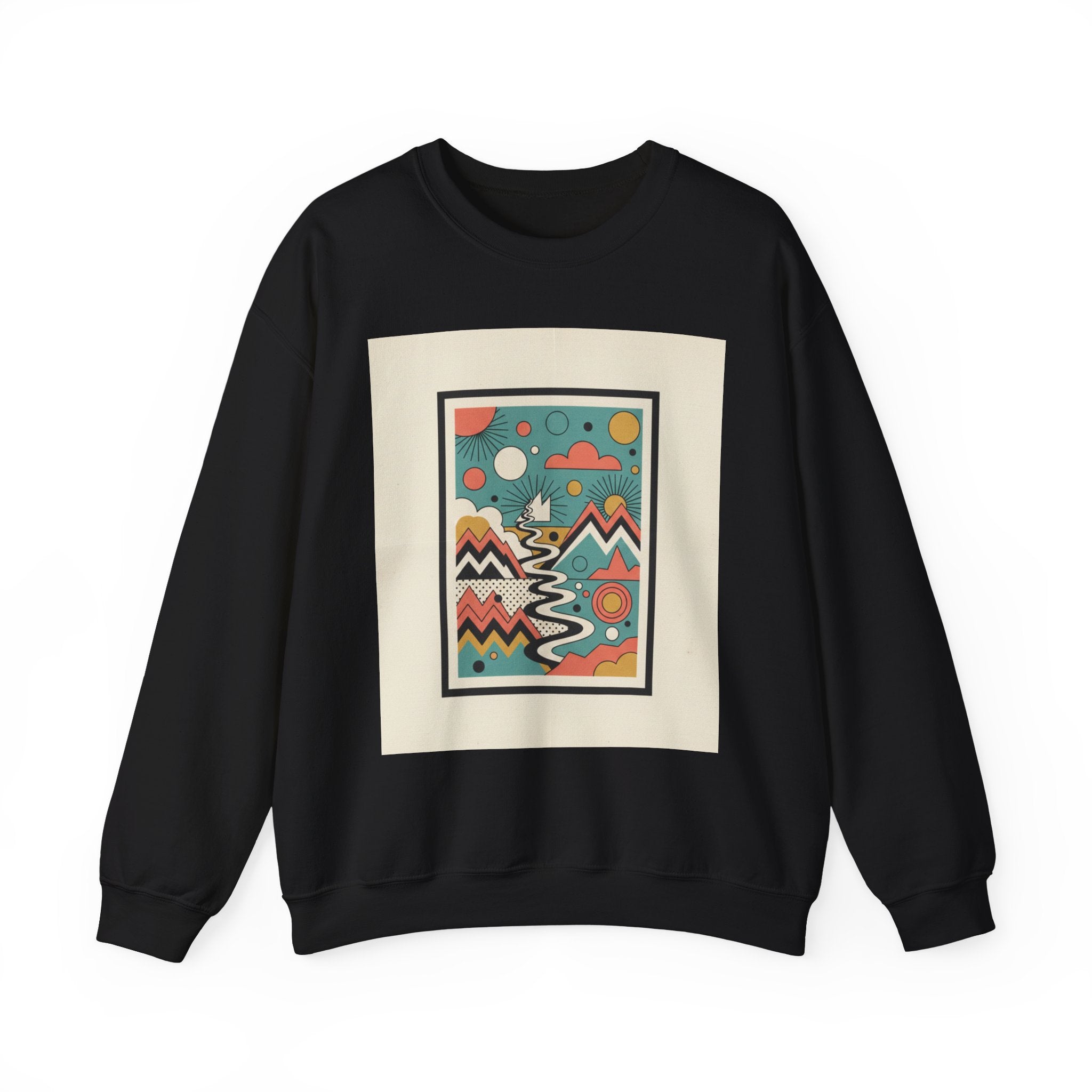 Abstract Mountain Art Sweatshirt — Colorful Retro Landscape Crewneck