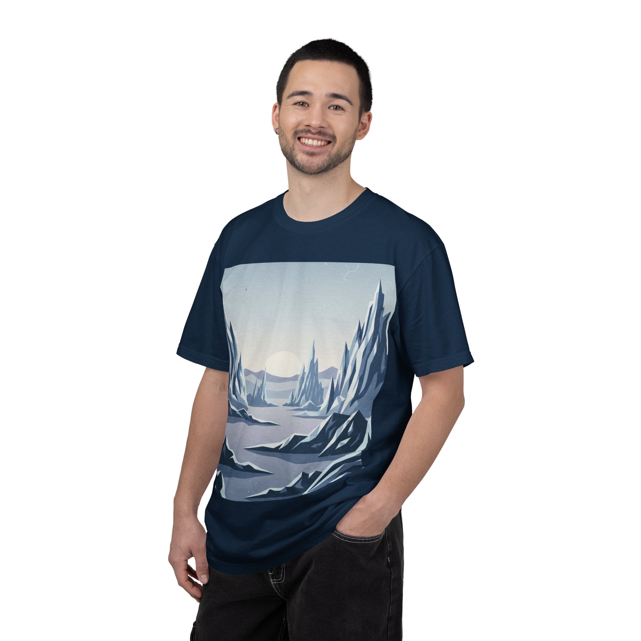 Arctic Sunrise Landscape T-Shirt — Minimal Mountain & Frozen Lake Graphic Tee