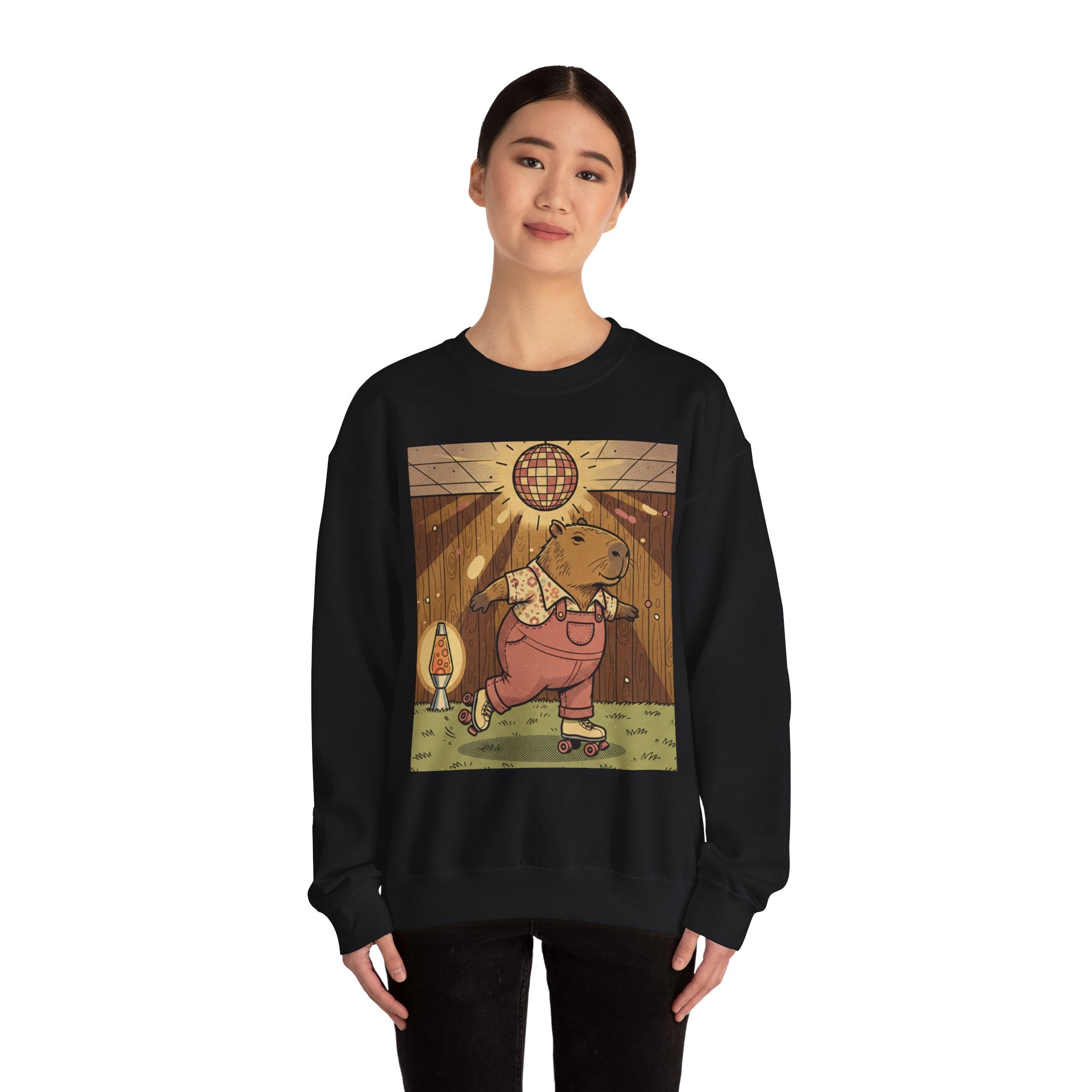 1970s Retro Capybara Roller Skating Crewneck – Vintage Disco Basement Graphic Tee
