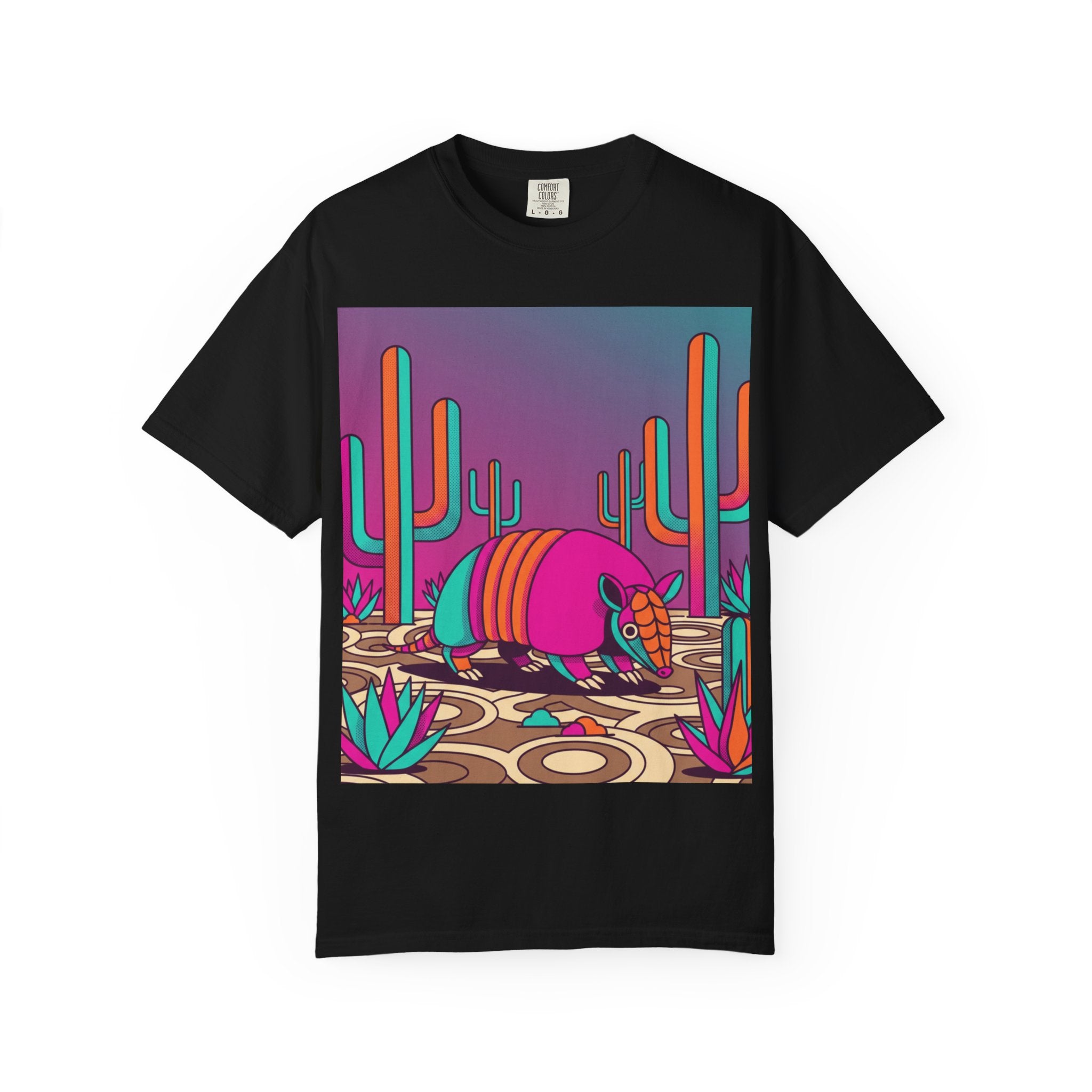 Armadillo Desert Sunset T-Shirt — Vibrant Neon Cactus Graphic Tee