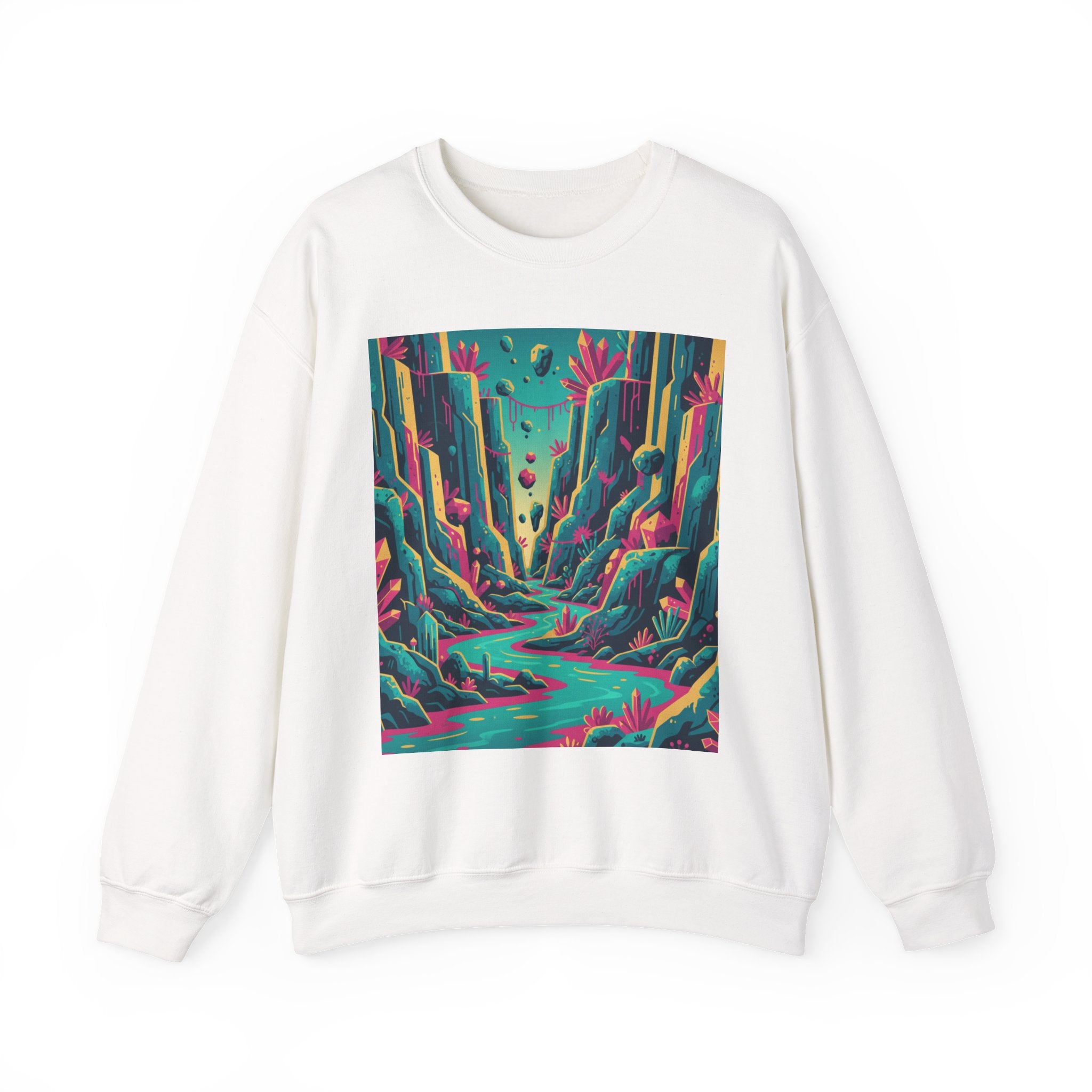 Alien Canyon River Crewneck — Surreal Glowing Cliffs and Neon Water