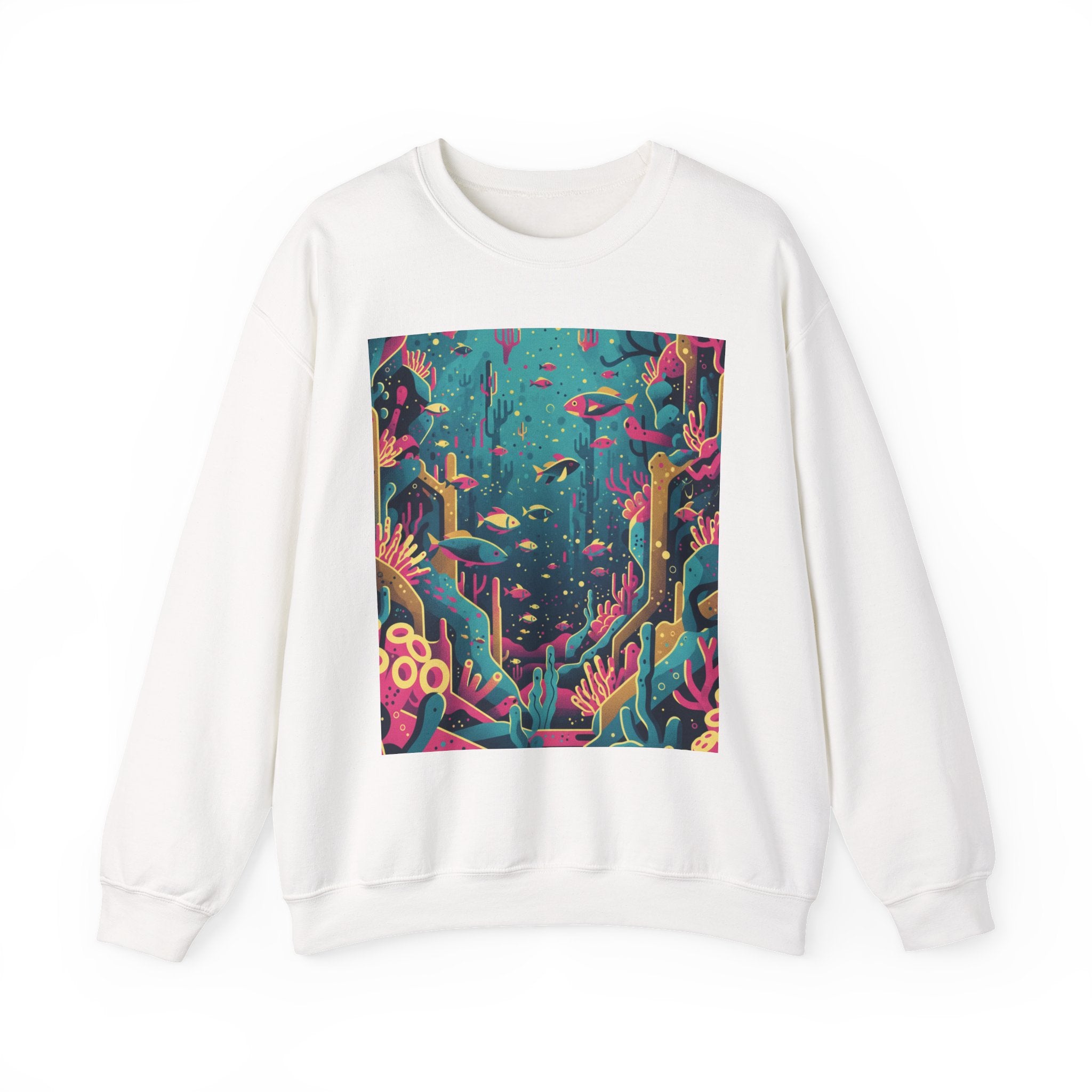 Alien Coral Reef Crewneck — Surreal Glowing Corals and Neon Fish Design