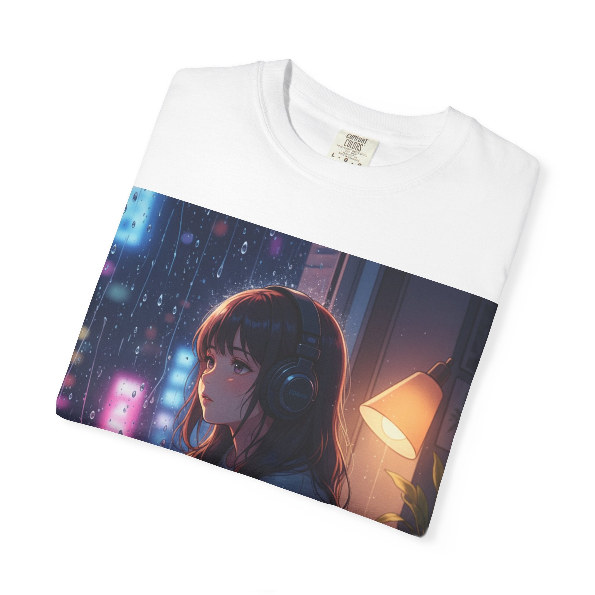 Anime Nightscape T-Shirt — Reflective Girl in Neon City Graphic Tee