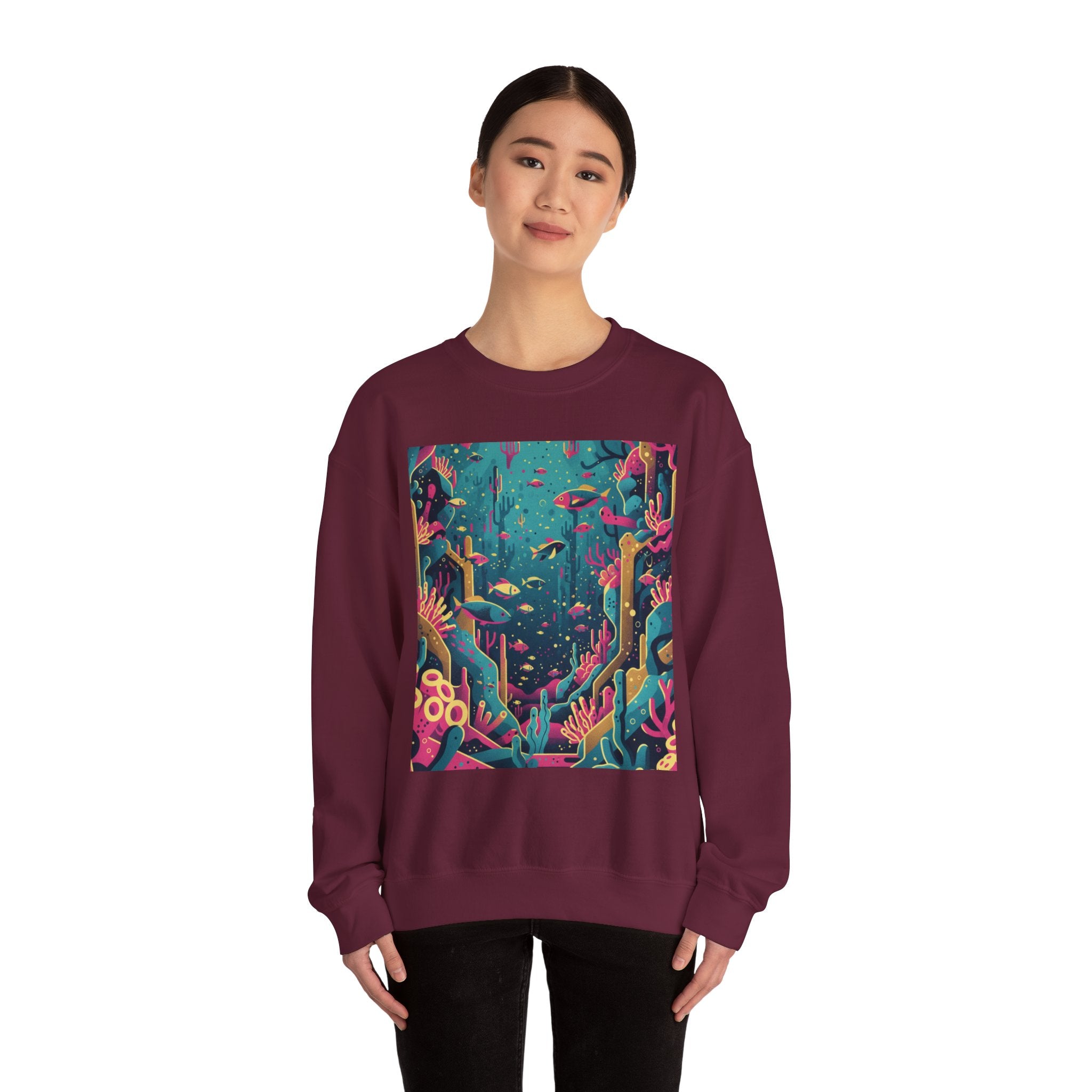 Alien Coral Reef Crewneck — Surreal Glowing Corals and Neon Fish Design