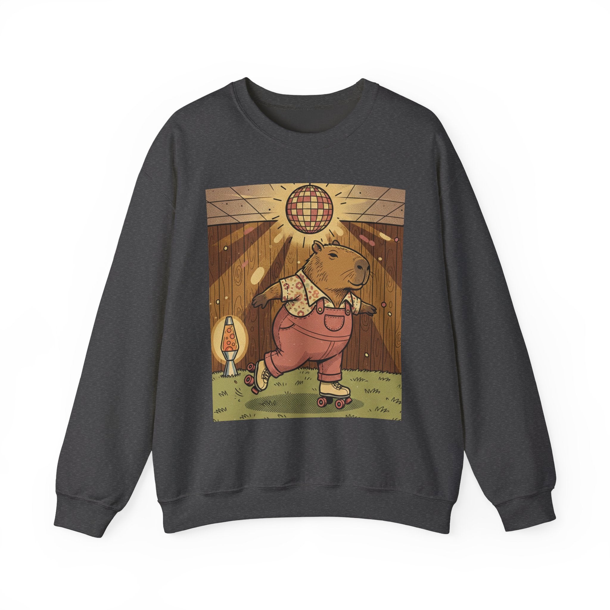 1970s Retro Capybara Roller Skating Crewneck – Vintage Disco Basement Graphic Tee