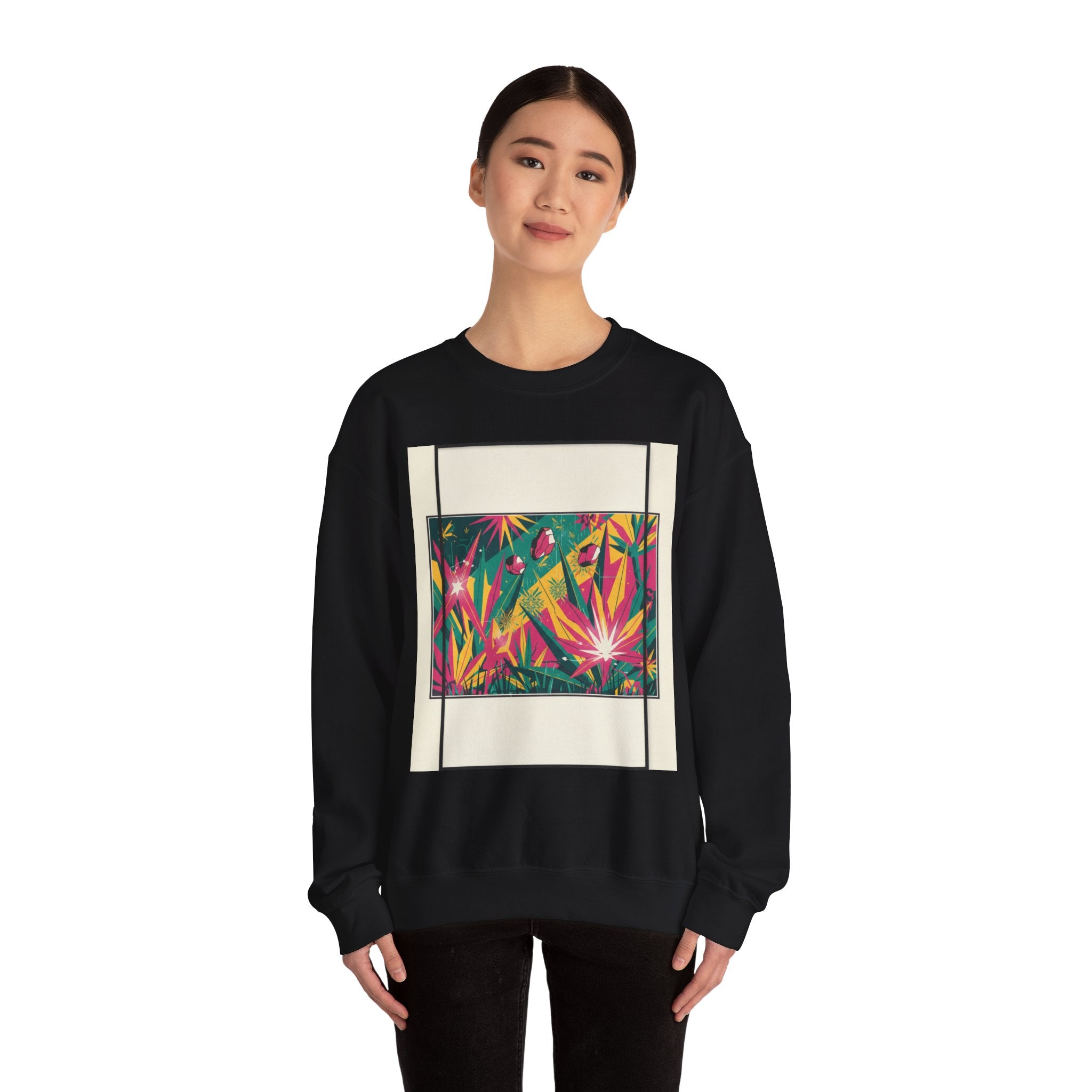 Alien Meadow Crewneck — Surreal Glowing Flowers and Floating Rocks Design