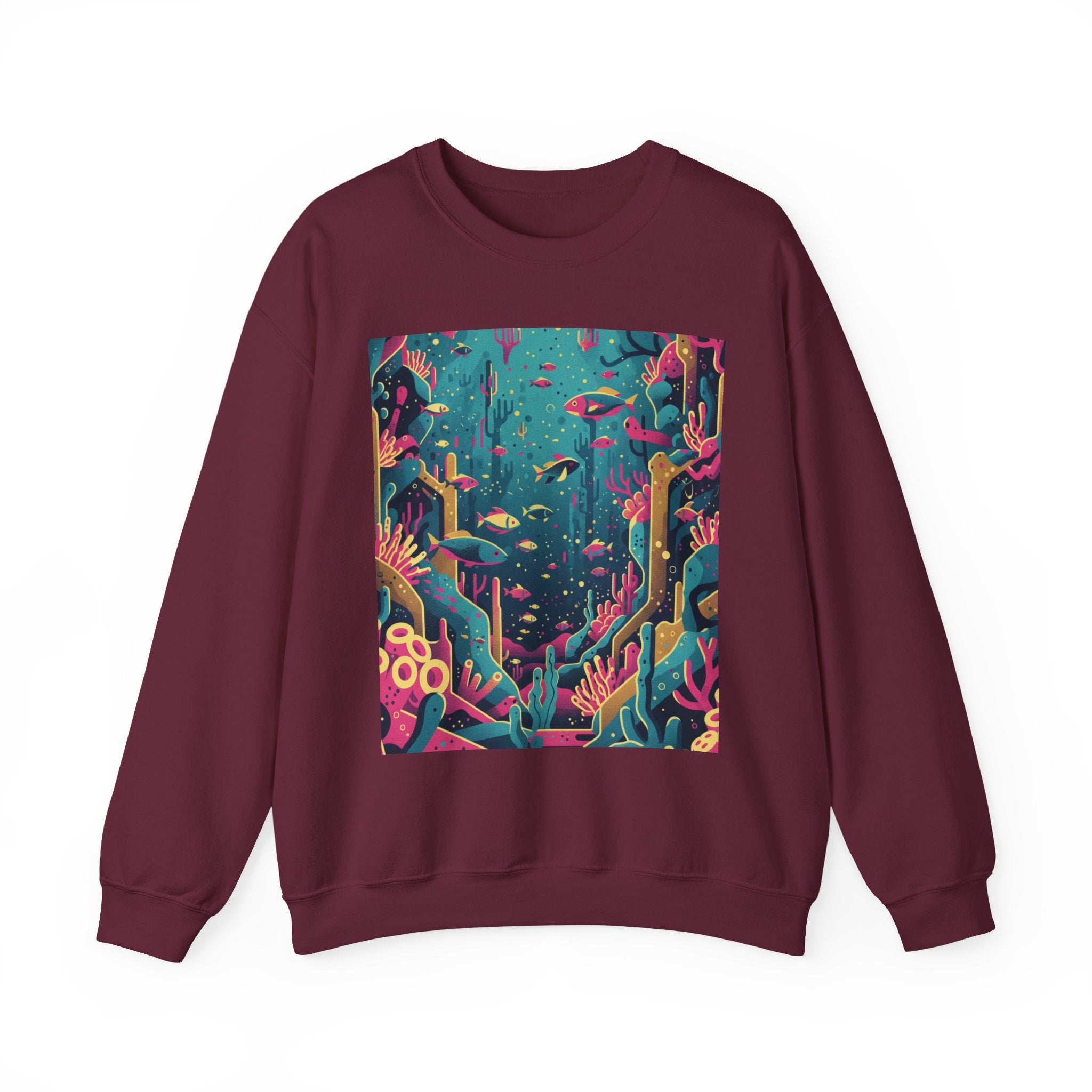 Alien Coral Reef Crewneck — Surreal Glowing Corals and Neon Fish Design