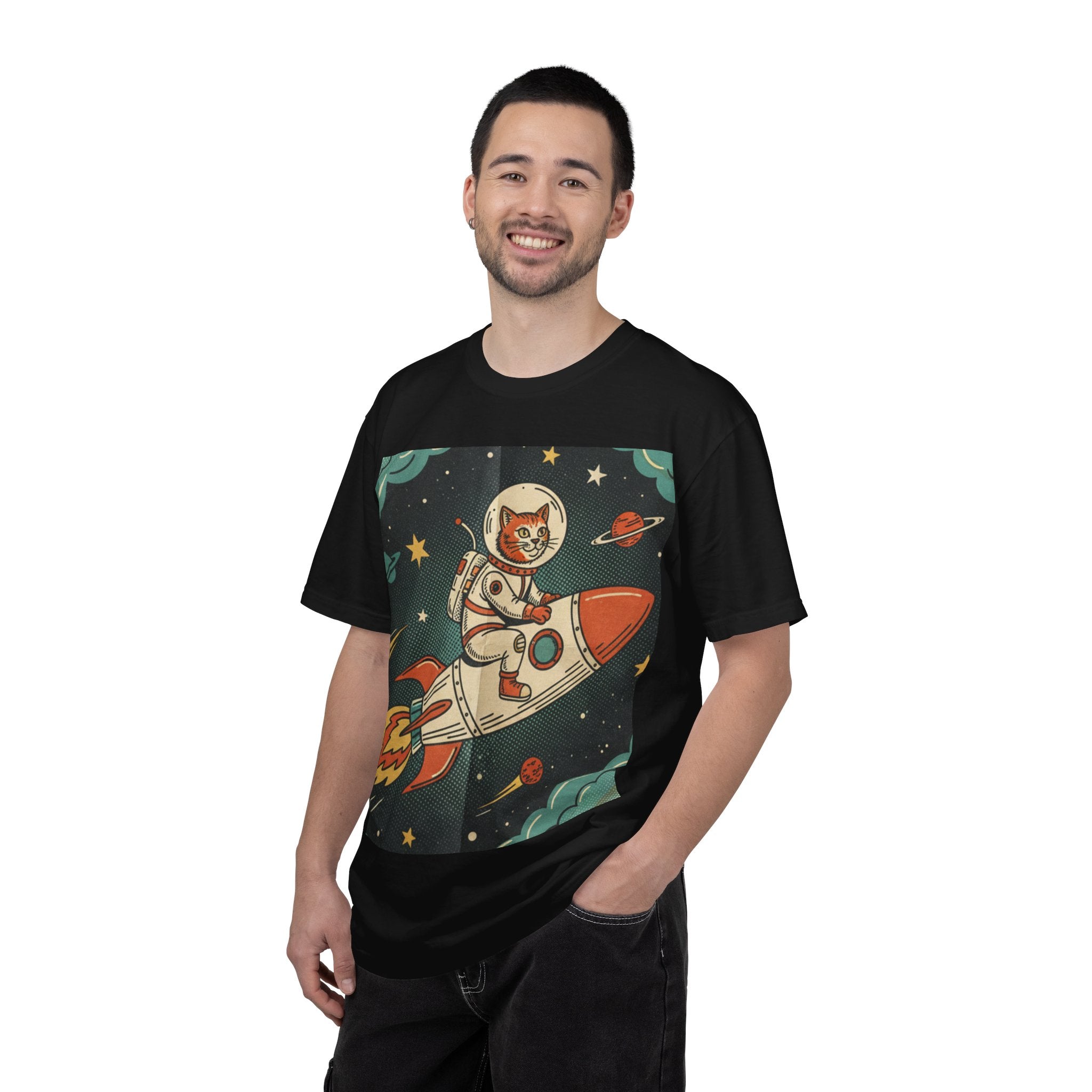 Astronaut Cat Rocket T-Shirt — Retro Space Adventure Tee