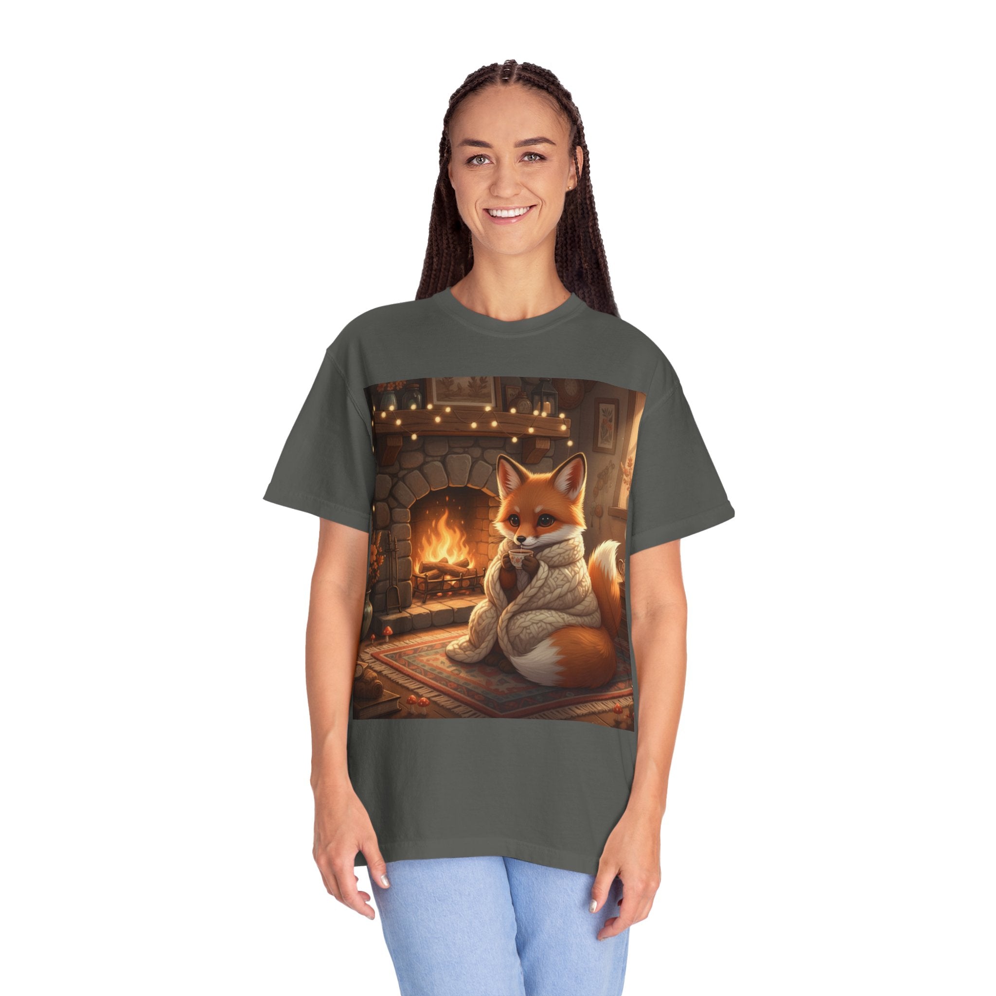 Cozy Fox by Fireplace T-Shirt | Winter Cabin Woodland Art