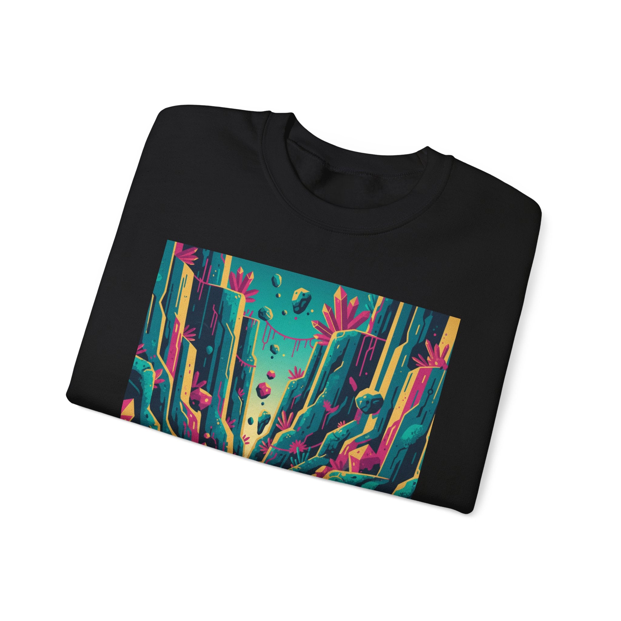 Alien Canyon River Crewneck — Surreal Glowing Cliffs and Neon Water