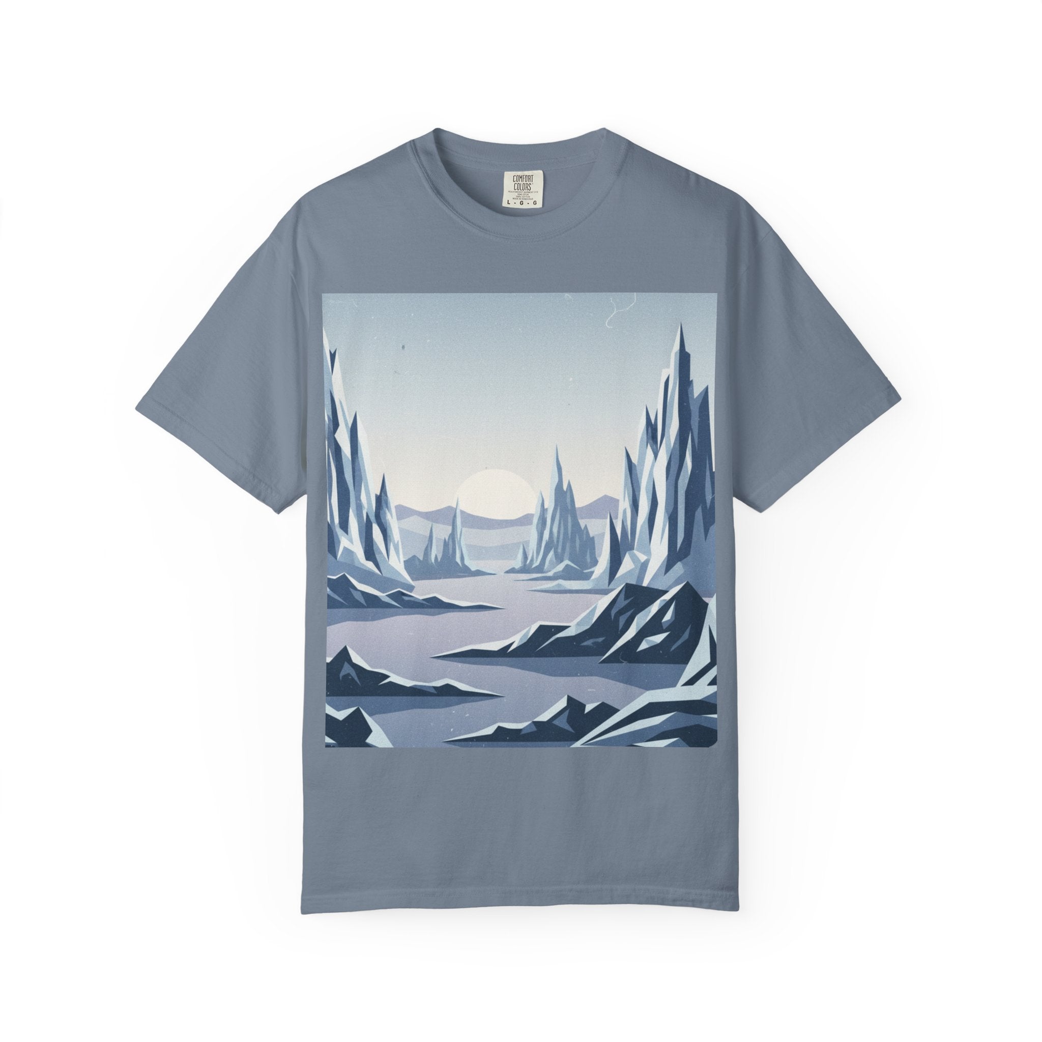 Arctic Sunrise Landscape T-Shirt — Minimal Mountain & Frozen Lake Graphic Tee