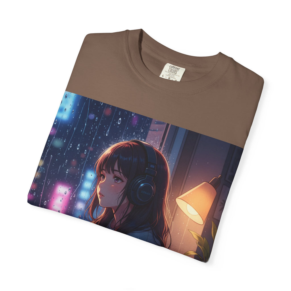 Anime Nightscape T-Shirt — Reflective Girl in Neon City Graphic Tee