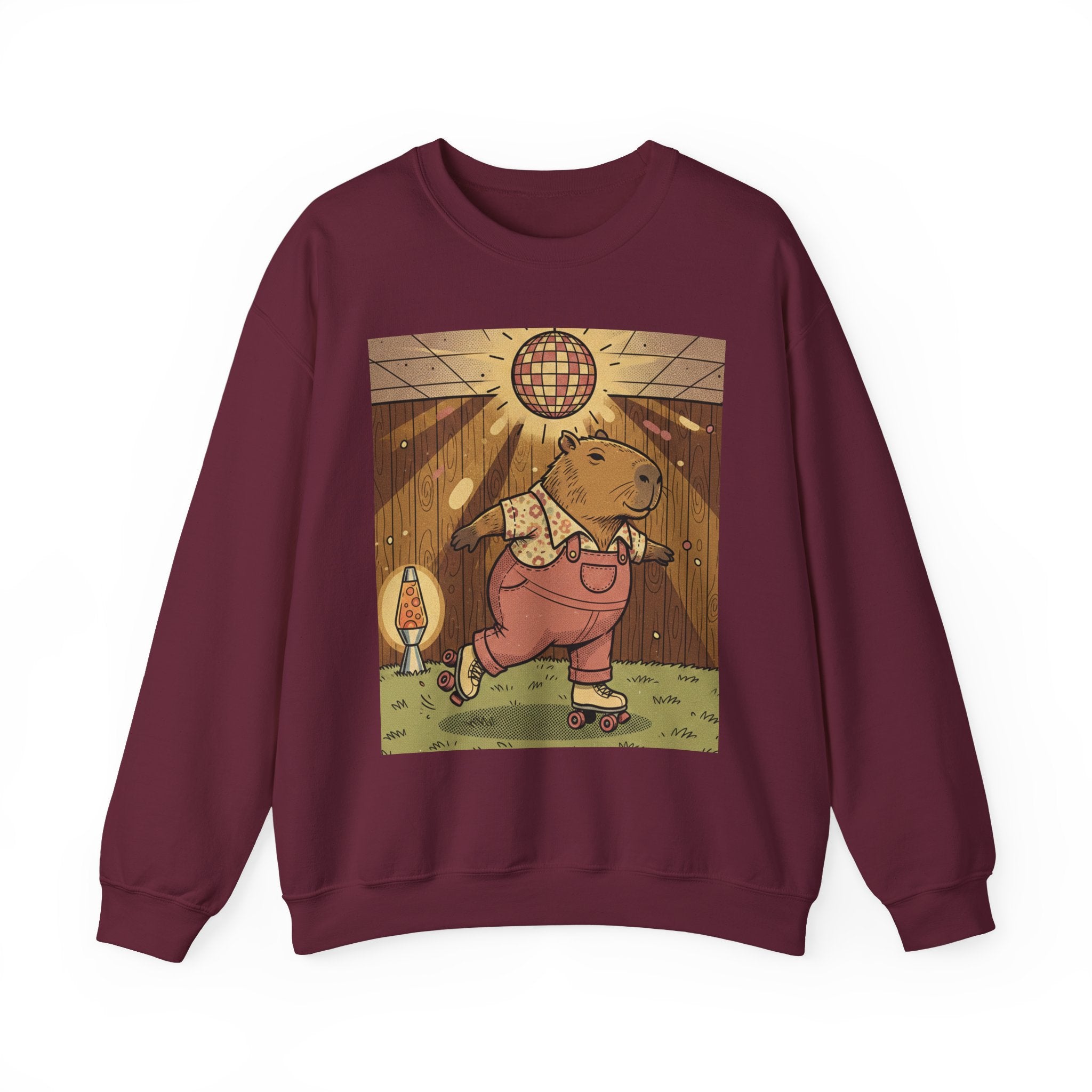 1970s Retro Capybara Roller Skating Crewneck – Vintage Disco Basement Graphic Tee