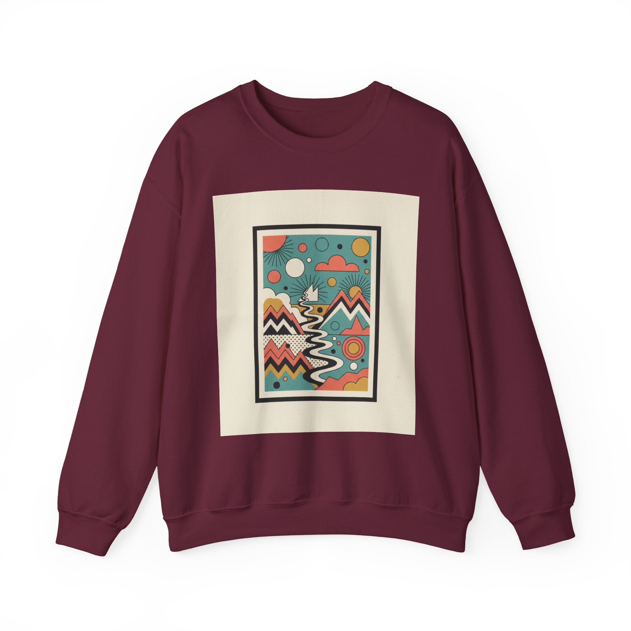 Abstract Mountain Art Sweatshirt — Colorful Retro Landscape Crewneck