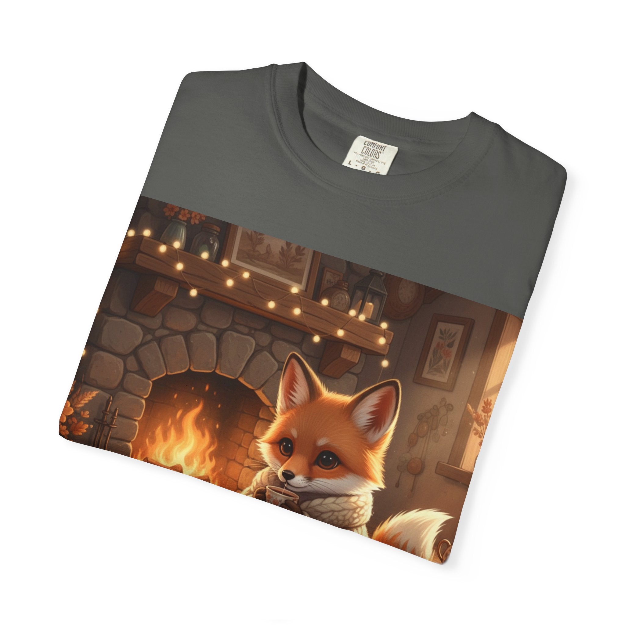 Cozy Fox by Fireplace T-Shirt | Winter Cabin Woodland Art