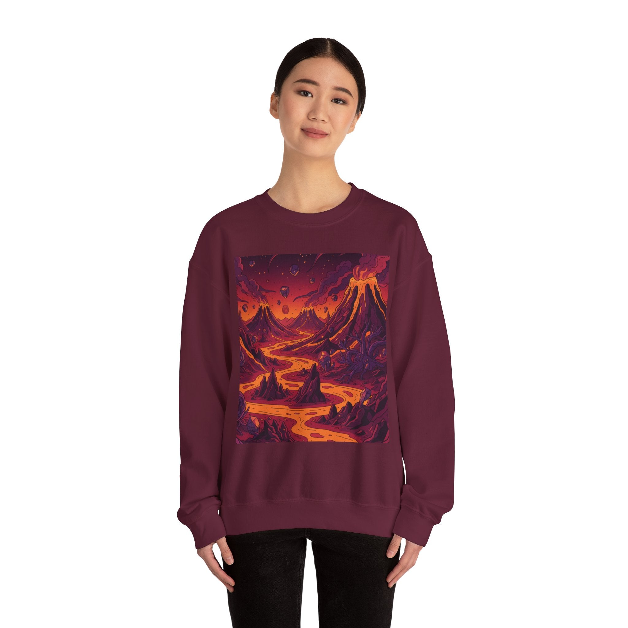Alien Volcano Landscape Crewneck — Surreal Glowing Lava and Crystalline Plants Design
