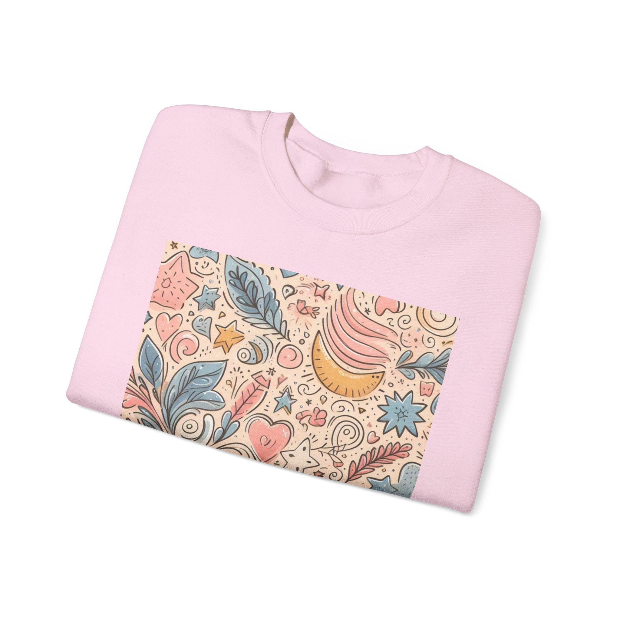 Boho Doodle Pattern Crewneck Sweatshirt | Floral Moon Hearts