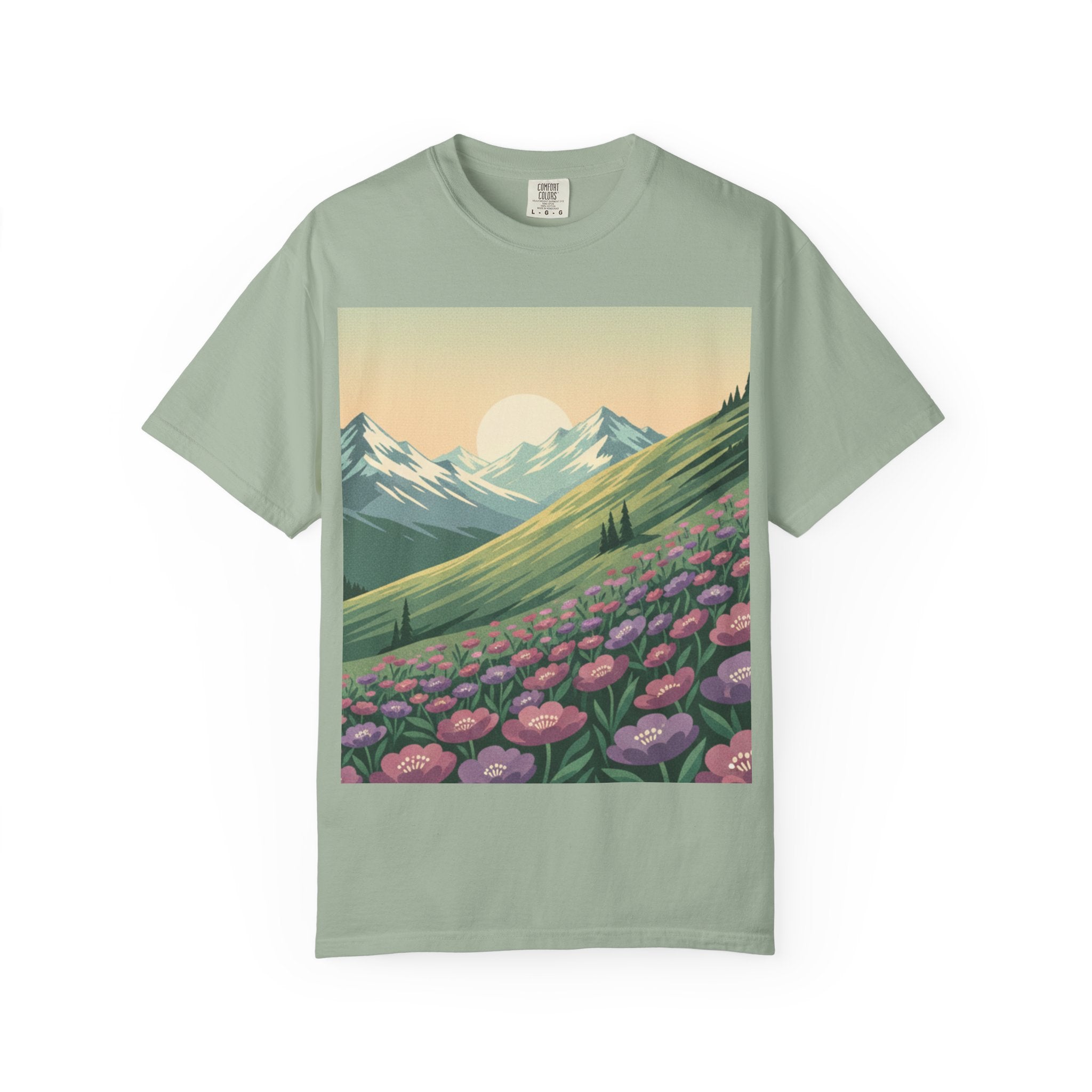 Alpine Wildflower Slope T-Shirt — Cascading Blooms & Snow-Capped Peaks
