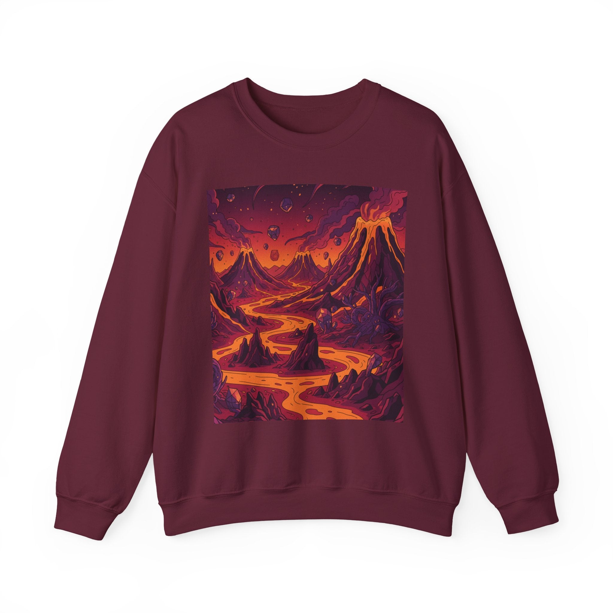 Alien Volcano Landscape Crewneck — Surreal Glowing Lava and Crystalline Plants Design