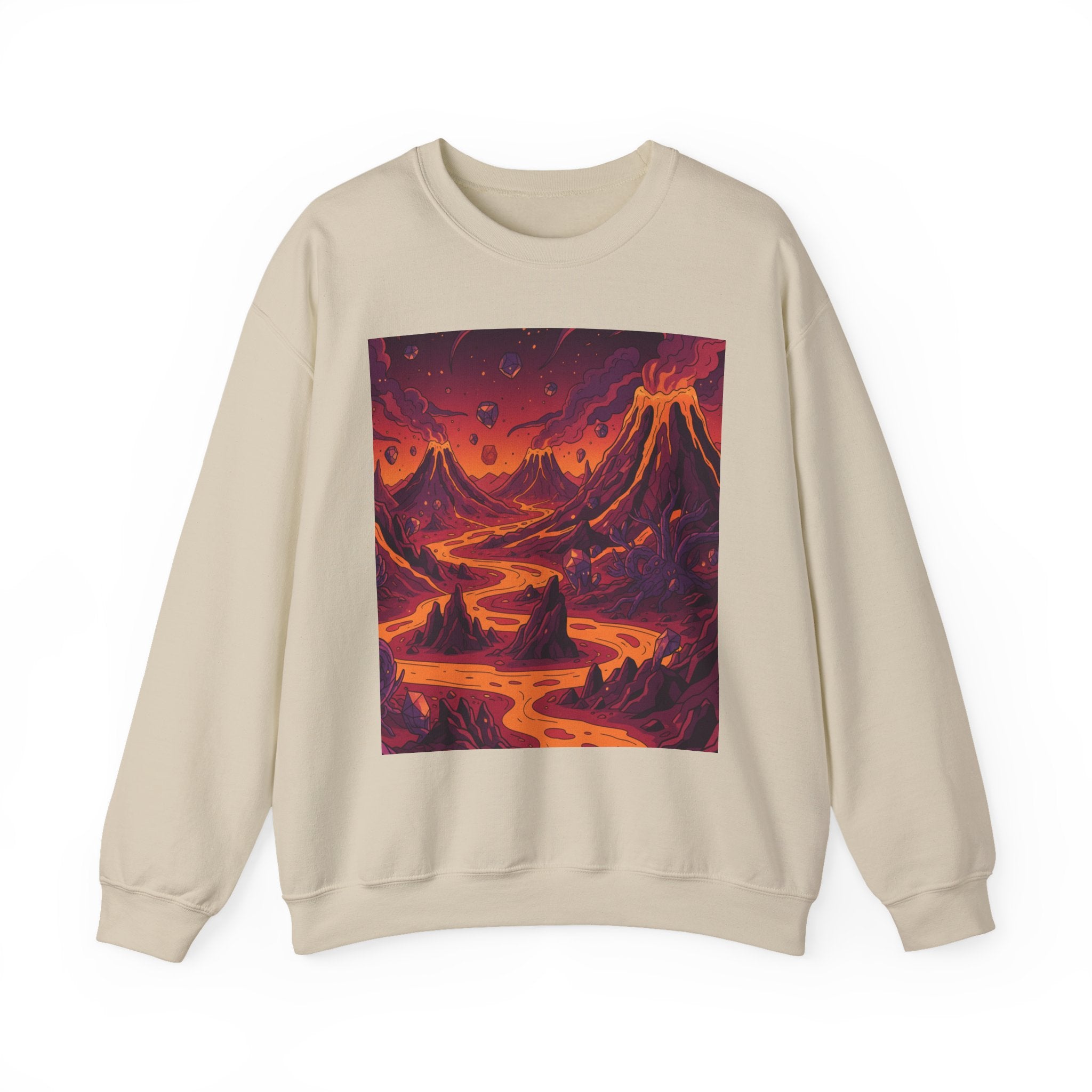 Alien Volcano Landscape Crewneck — Surreal Glowing Lava and Crystalline Plants Design