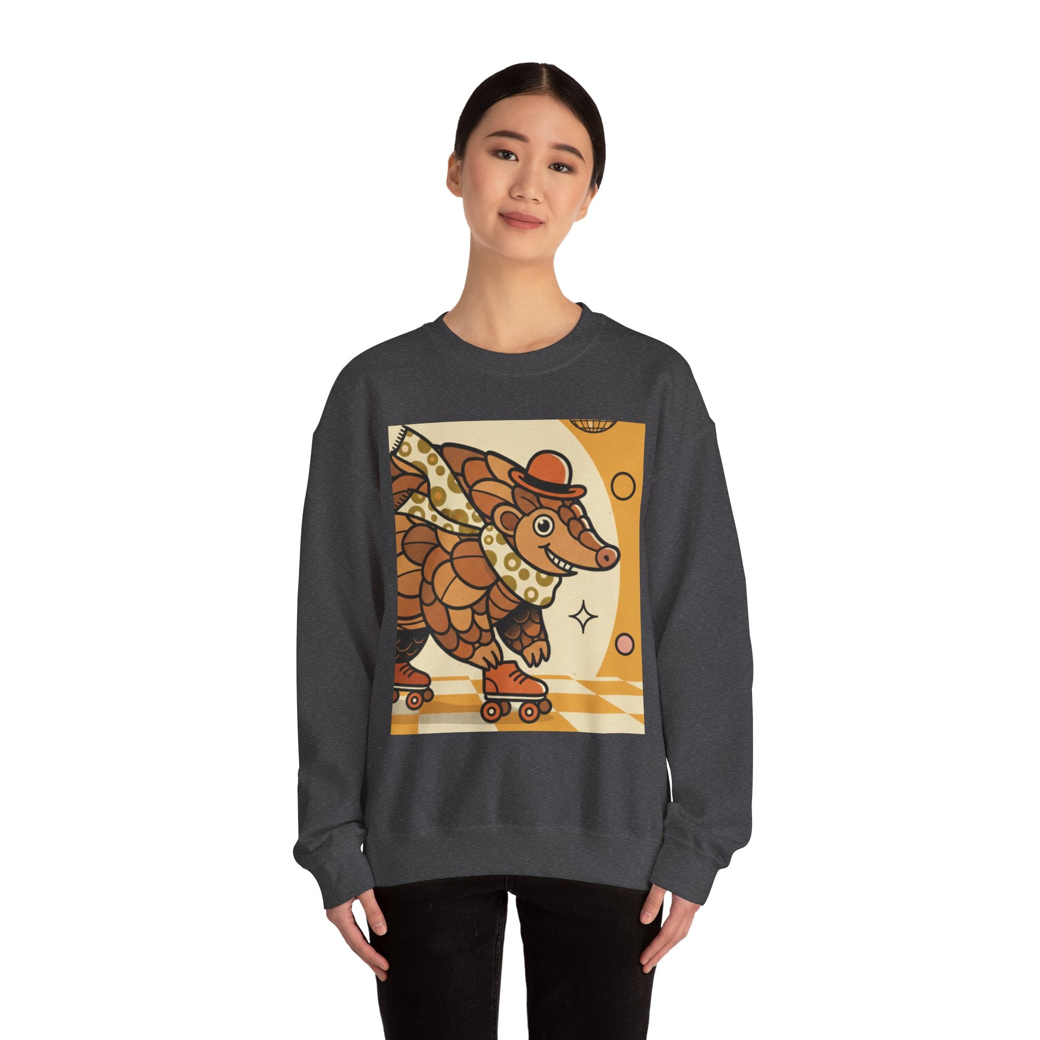 Aardvark Roller Skate Crewneck Sweatshirt — Retro Cute Animal Graphic