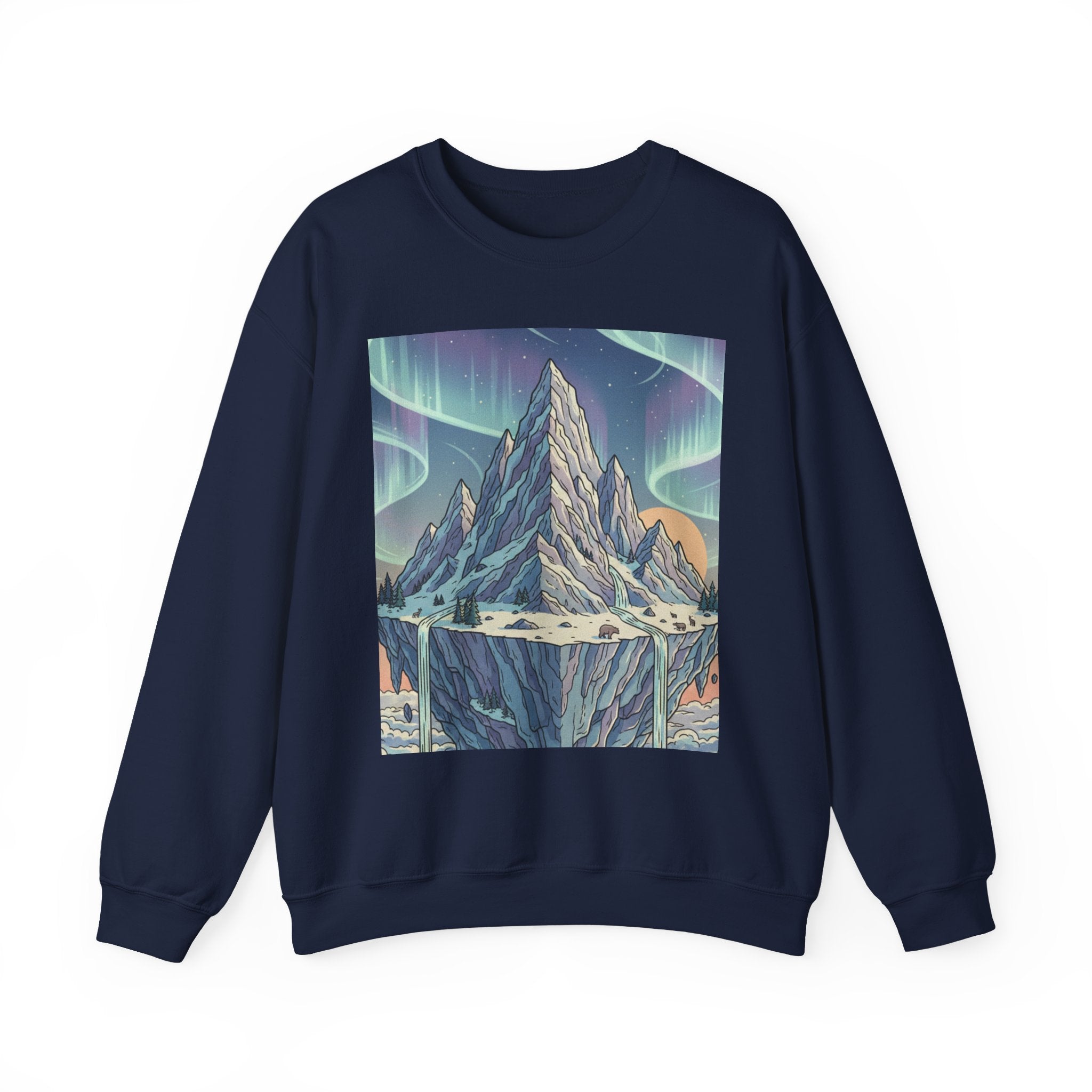 Aurora Mountain Crewneck Sweatshirt — Northern Lights Landscape Graphic