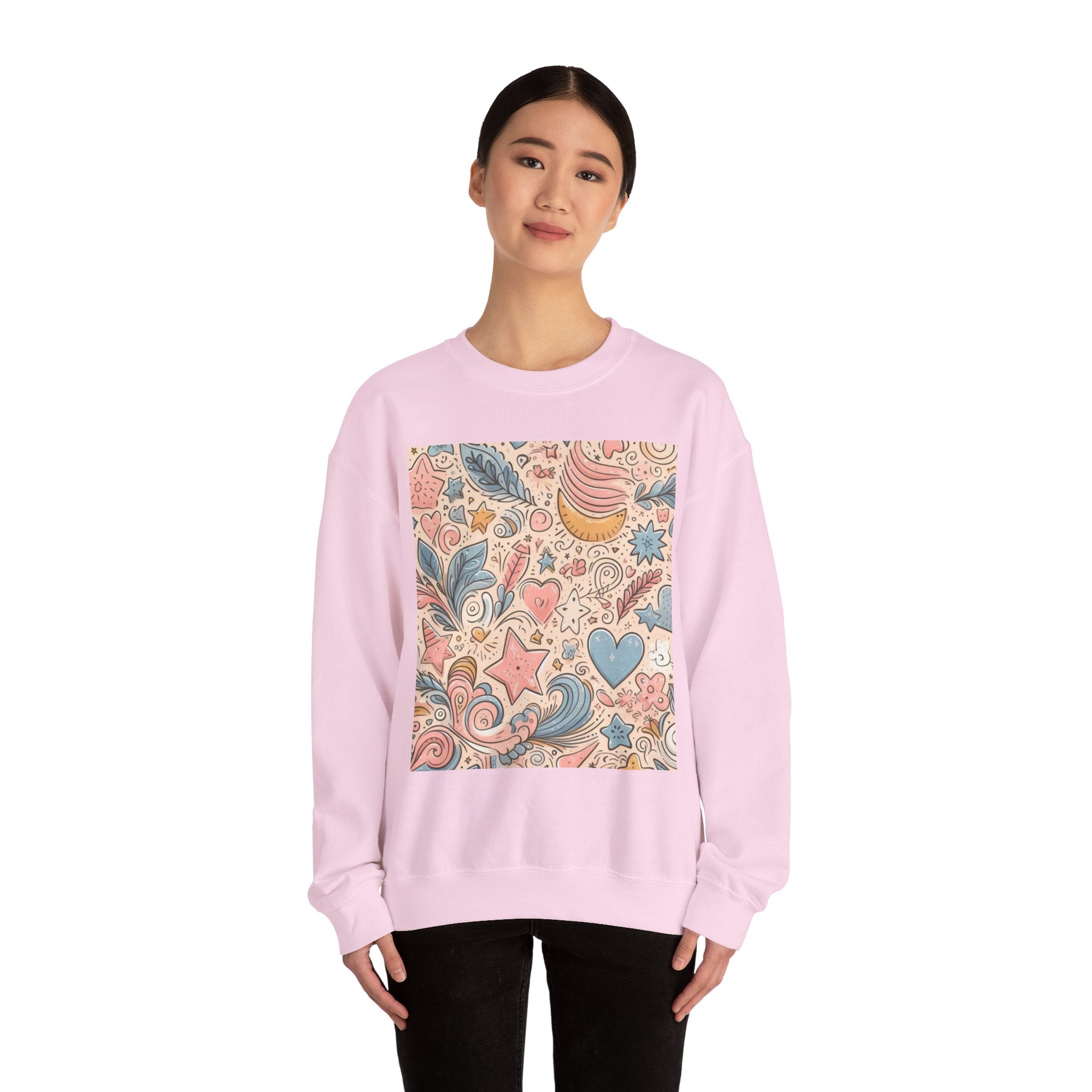 Boho Doodle Pattern Crewneck Sweatshirt | Floral Moon Hearts