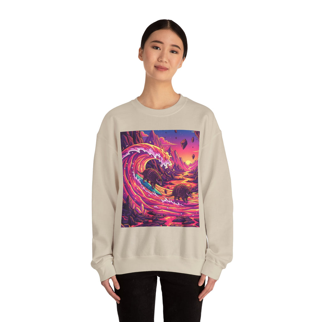 Armadillo Family Surfing Neon Lava Crewneck Sweatshirt – 80s Low-Poly Sci-Fi Illustration