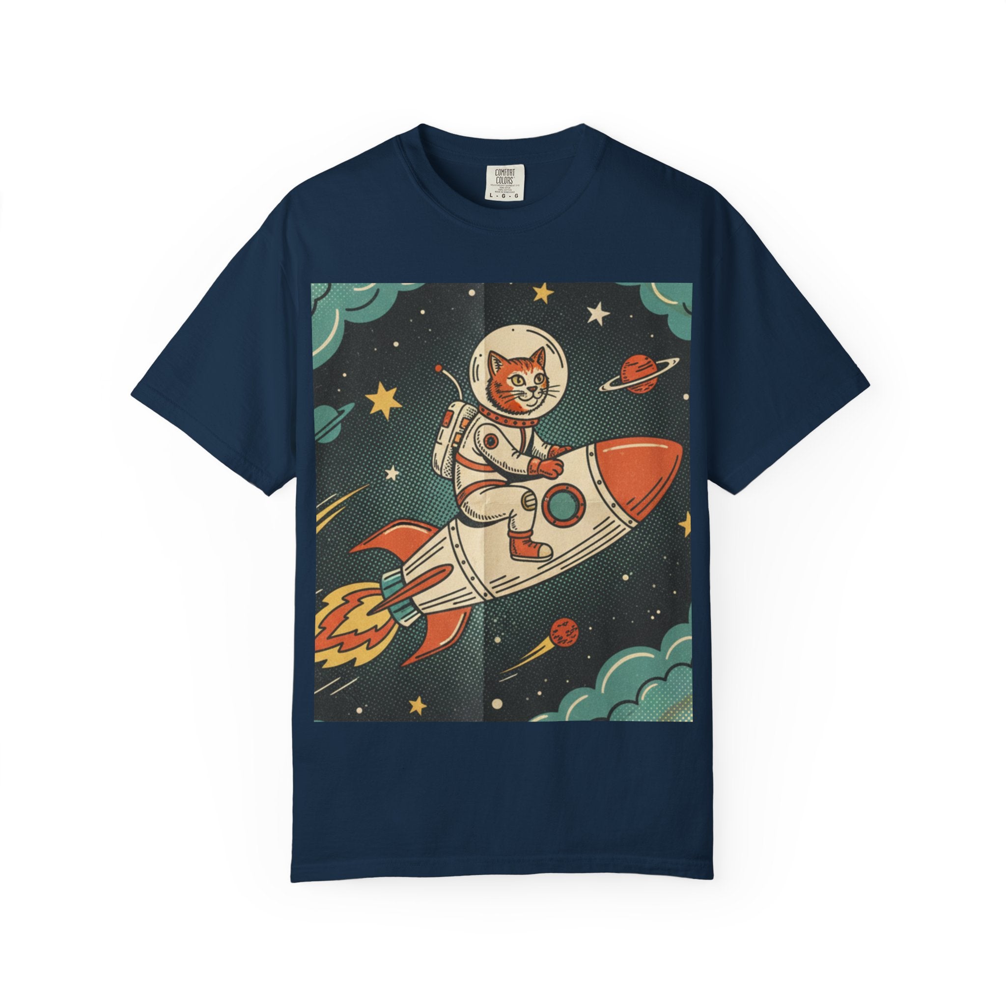 Astronaut Cat Rocket T-Shirt — Retro Space Adventure Tee