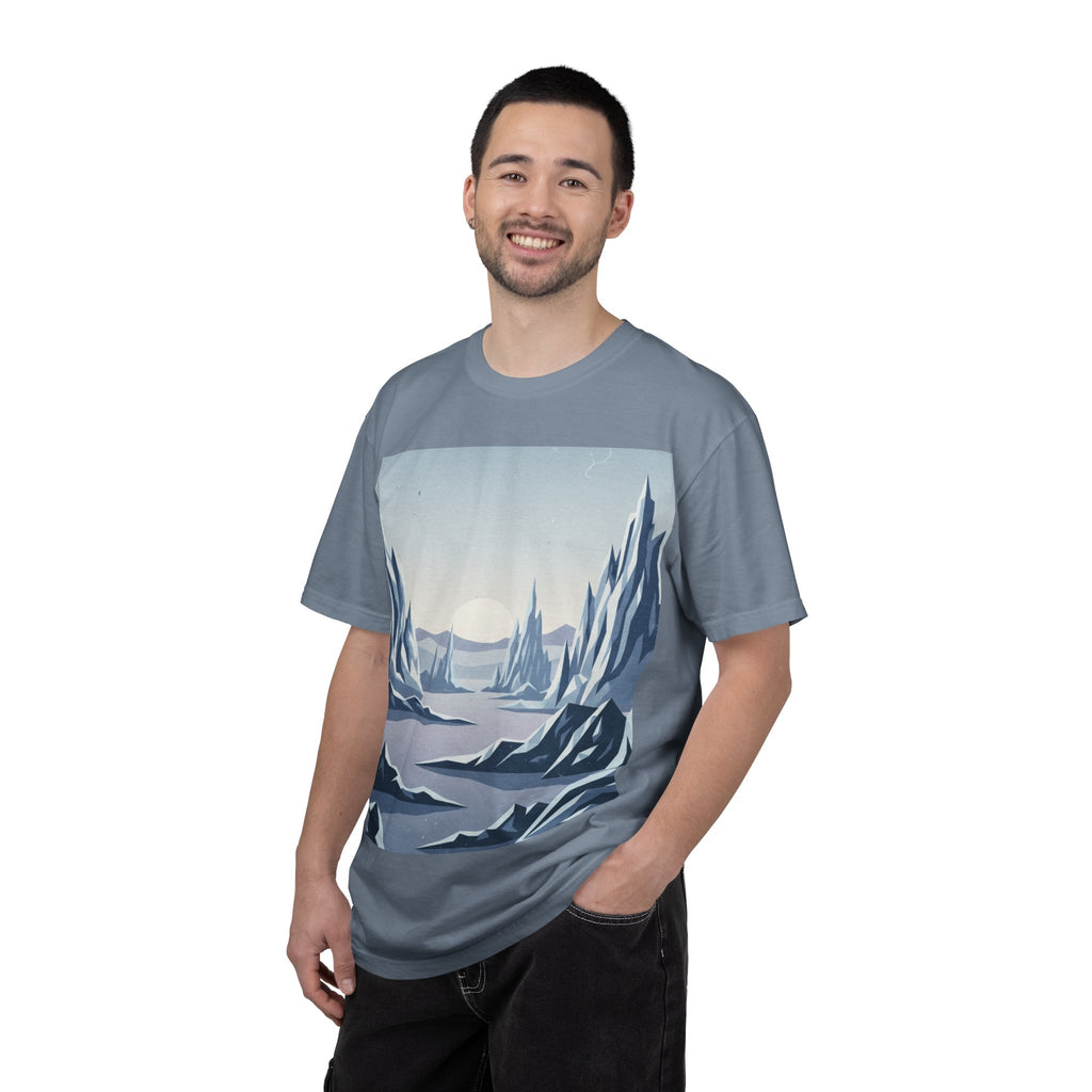 Arctic Sunrise Landscape T-Shirt — Minimal Mountain & Frozen Lake Graphic Tee