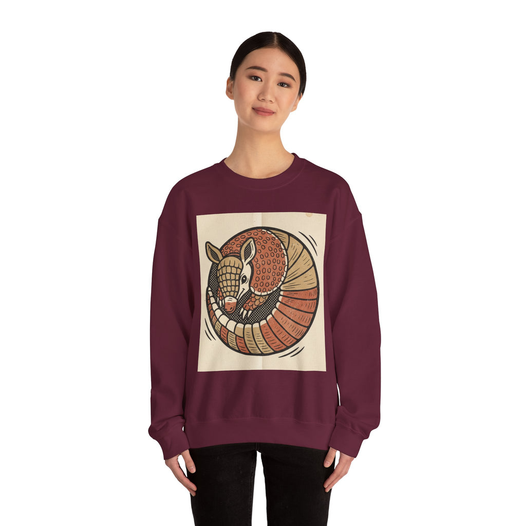 Armadillo Art Sweatshirt — Retro Folk-Style Curled Armadillo Crewneck