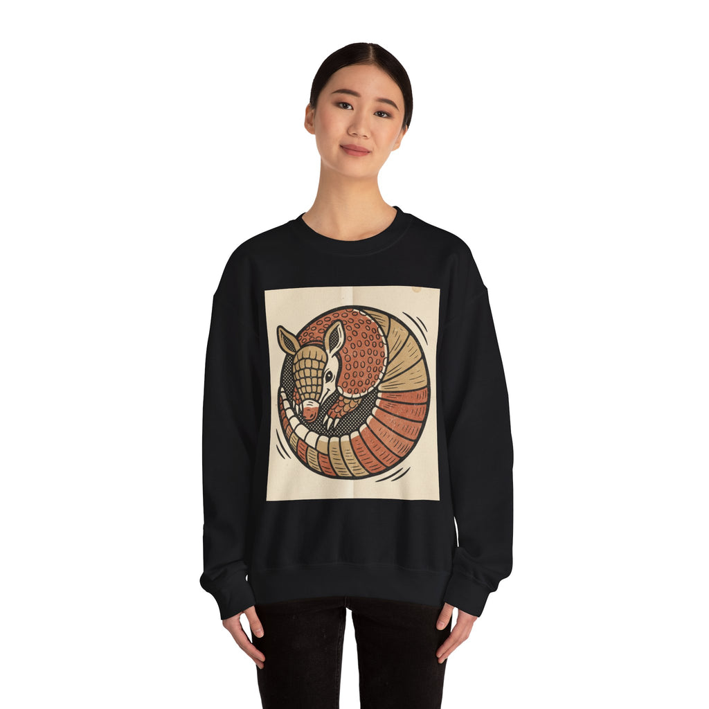 Armadillo Art Sweatshirt — Retro Folk-Style Curled Armadillo Crewneck