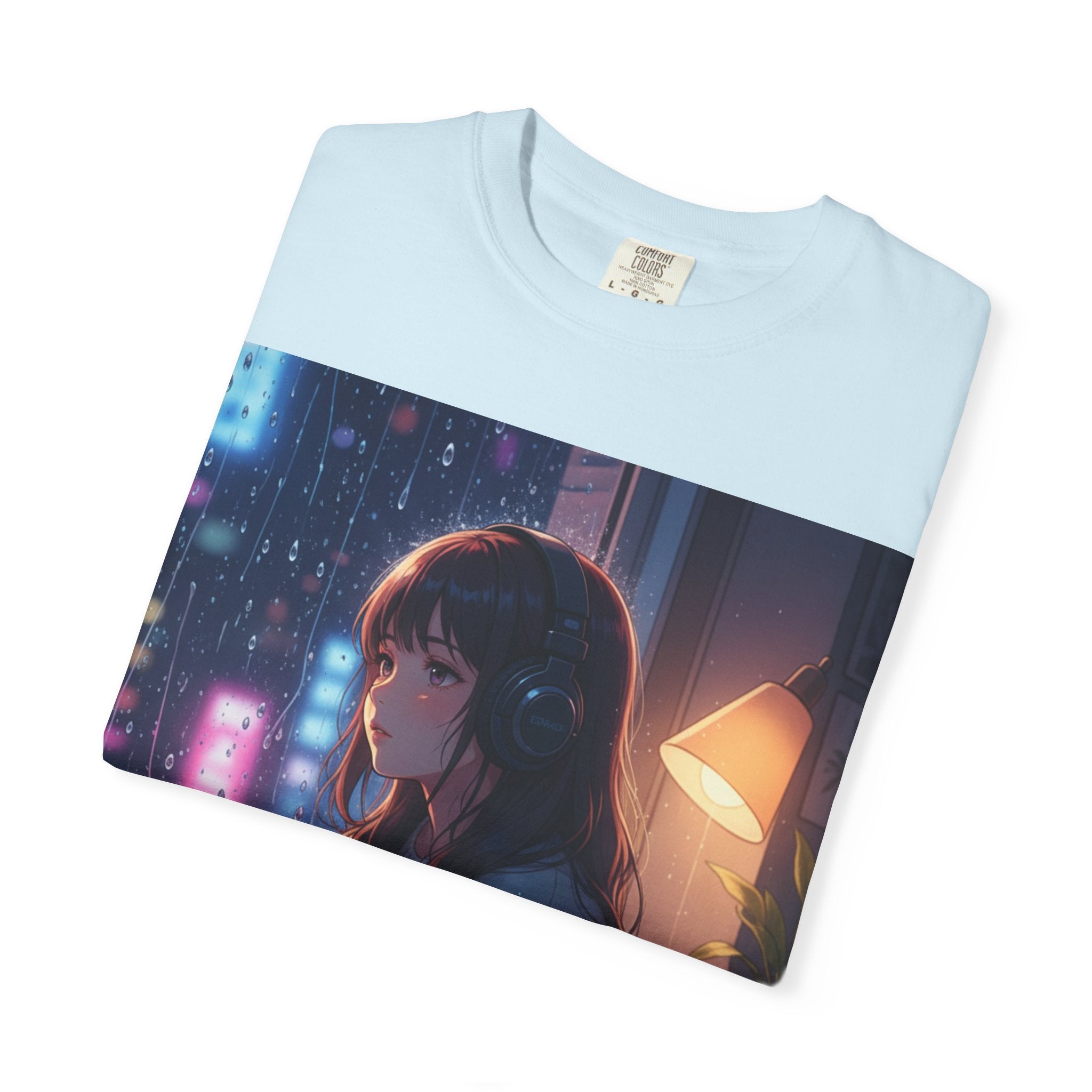 Anime Nightscape T-Shirt — Reflective Girl in Neon City Graphic Tee
