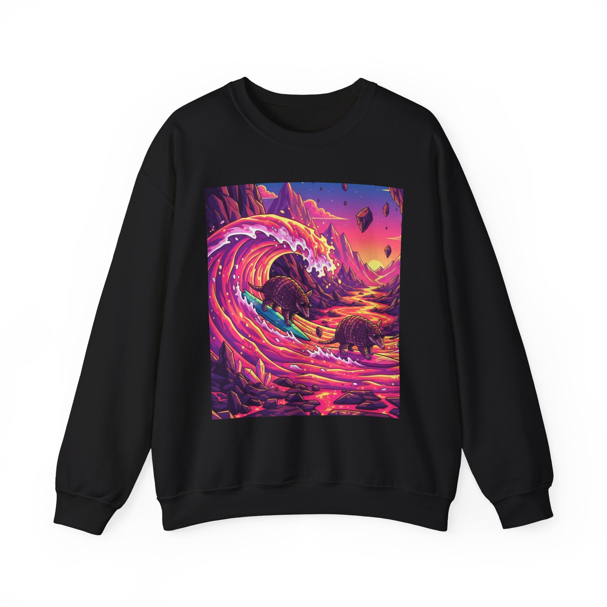 Armadillo Family Surfing Neon Lava Crewneck Sweatshirt – 80s Low-Poly Sci-Fi Illustration