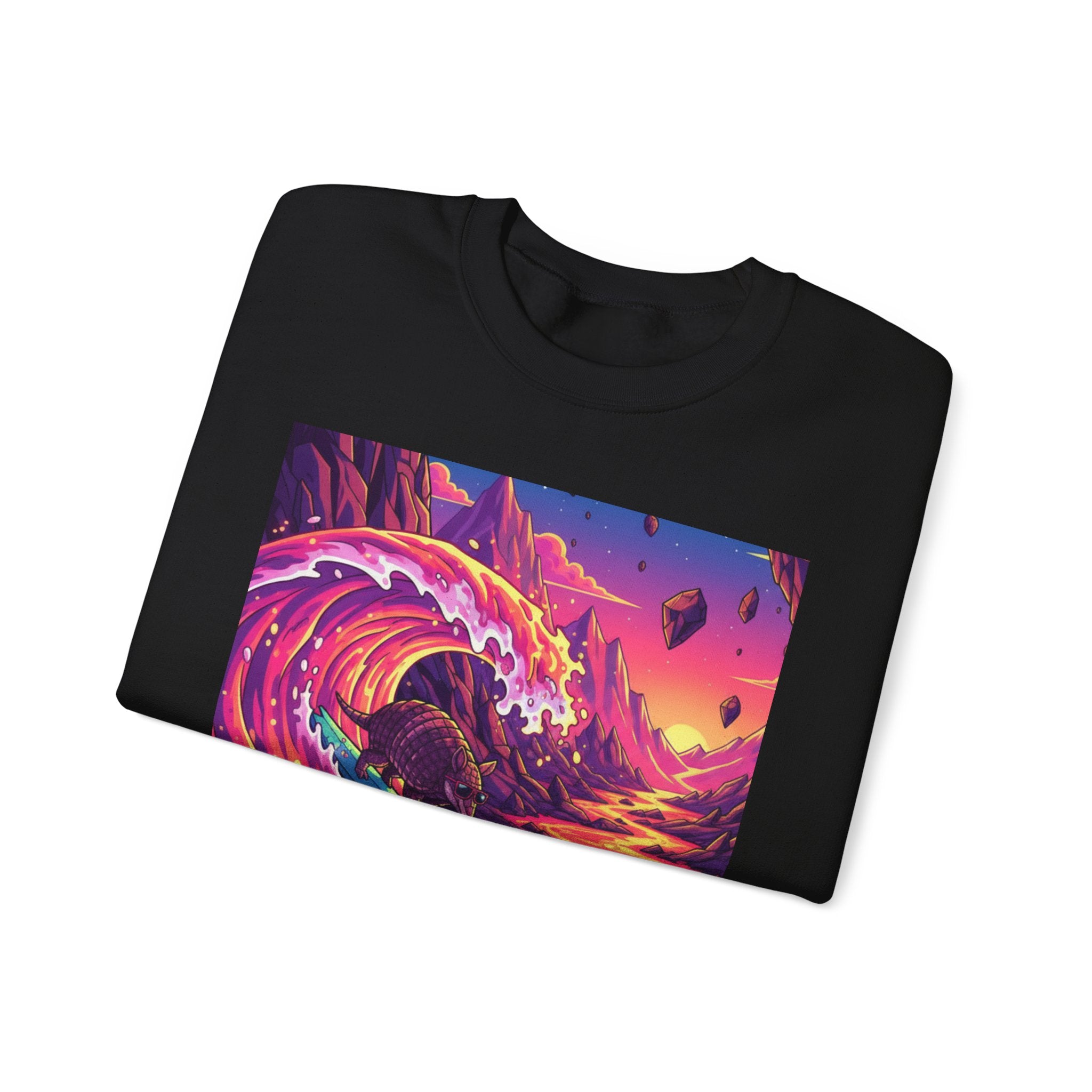 Armadillo Family Surfing Neon Lava Crewneck Sweatshirt – 80s Low-Poly Sci-Fi Illustration