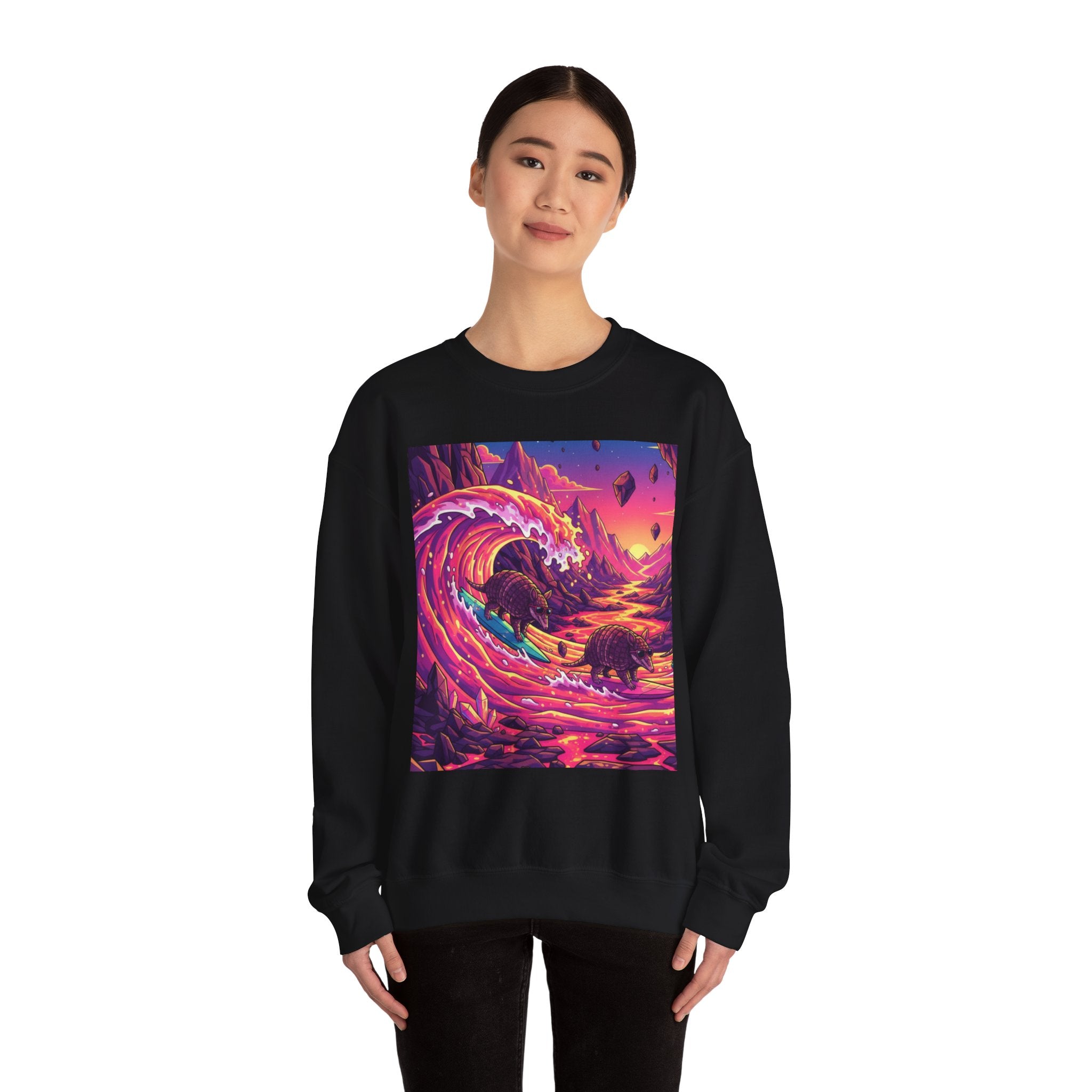 Armadillo Family Surfing Neon Lava Crewneck Sweatshirt – 80s Low-Poly Sci-Fi Illustration